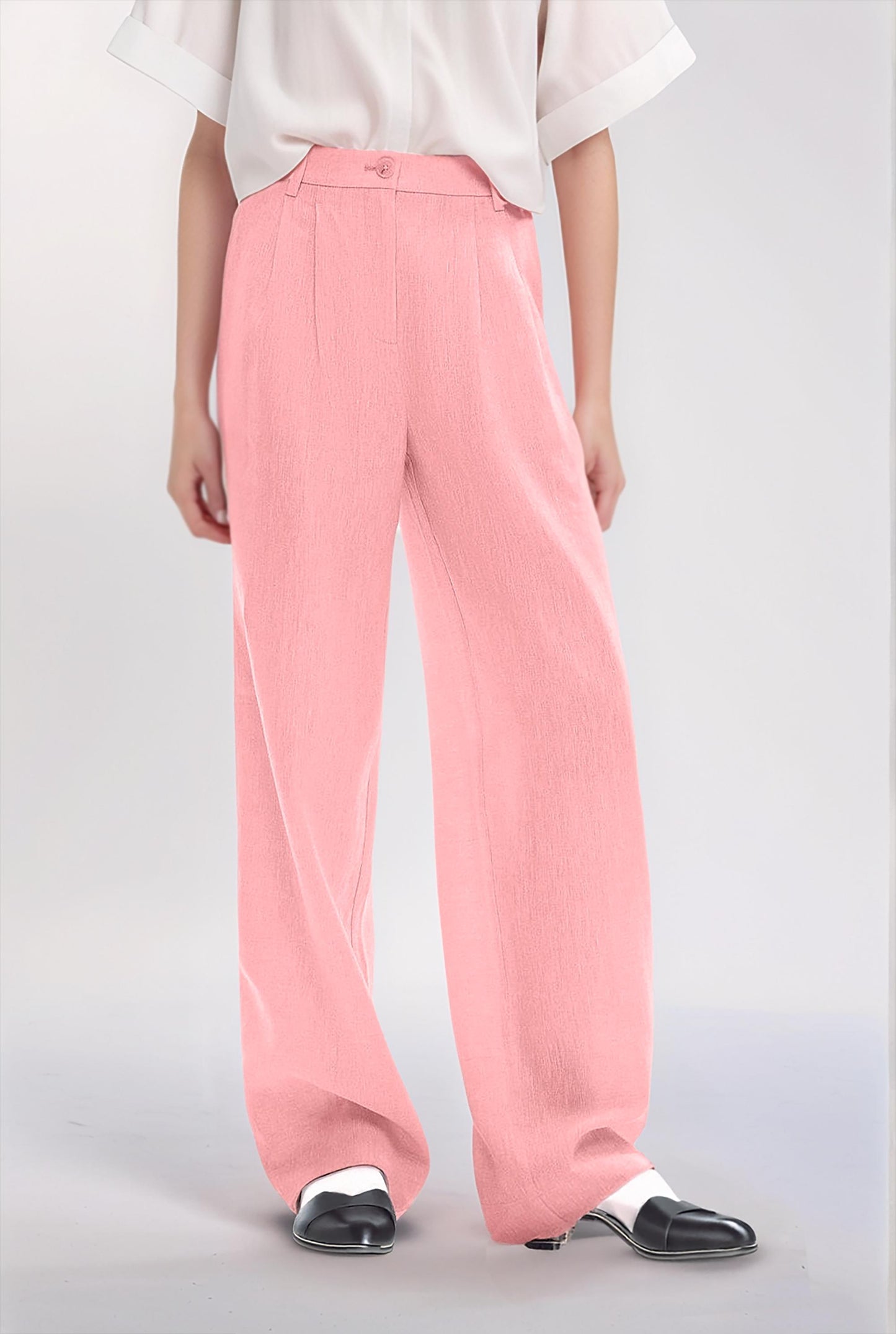 Blush Pink Wide-Leg Linen Pants – High-Waist Casual Trousers for Women | SKU.25T11T6B