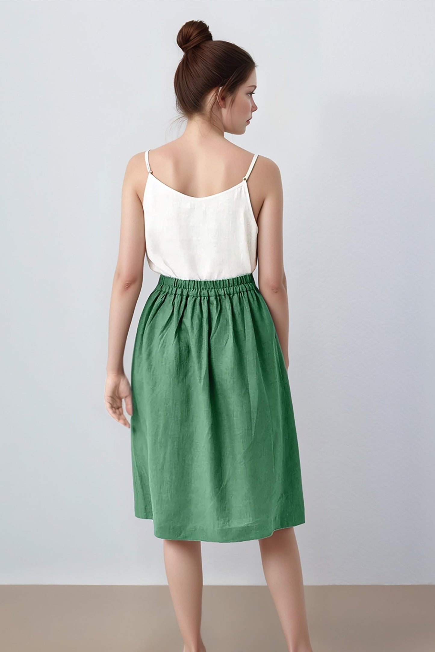High-Waisted Button-Front Linen Skirt – Vintage A-Line Midi Skirt with Pockets| SKU.25T12T2A