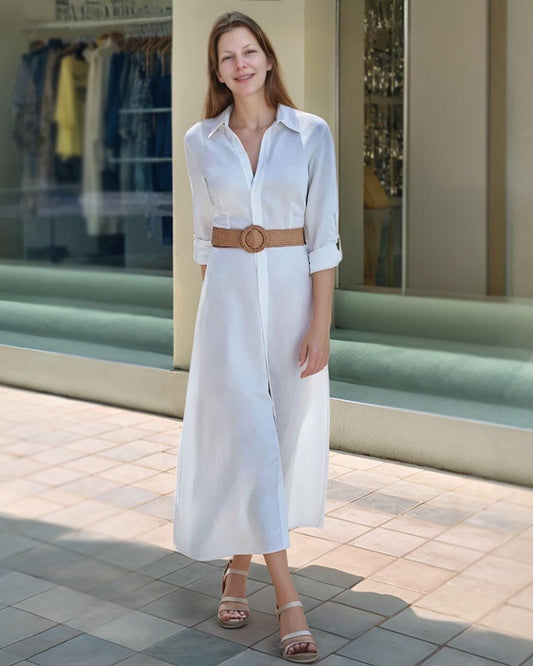 White Linen Shirt Dress for Women — Made to Order, Collared Midi Dress with Belt, Custom Summer Beach Dress | SKU.25T15T3D