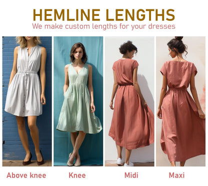 Linen Midi Dress with Puff Sleeves, Button-Front, V-Neck, Summer Casual Fit, Blue Linen Dress with Pockets | SKU.25T14T7D