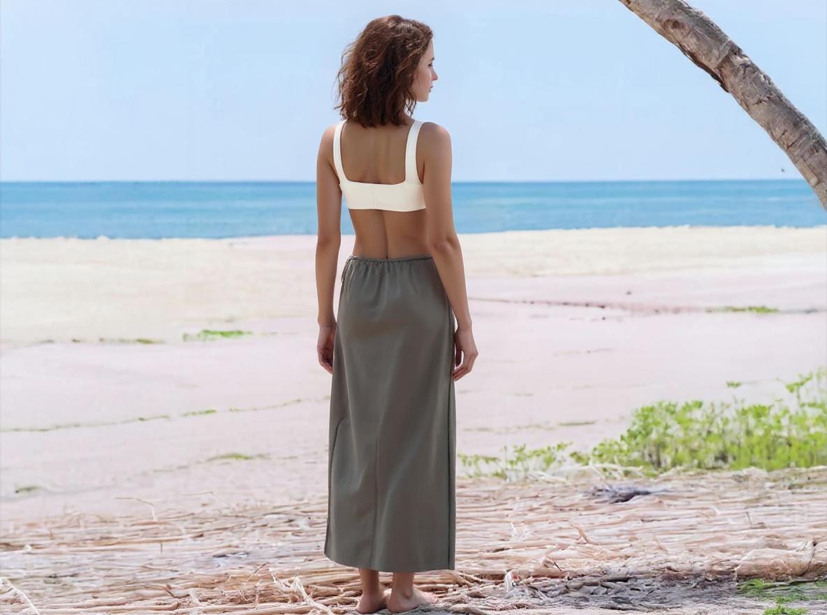 Linen Midi Skirt with Drawstring Waist - Minimalist Summer Skirt, Casual Loose Fit, Beach Style | SKU.25T15T5B