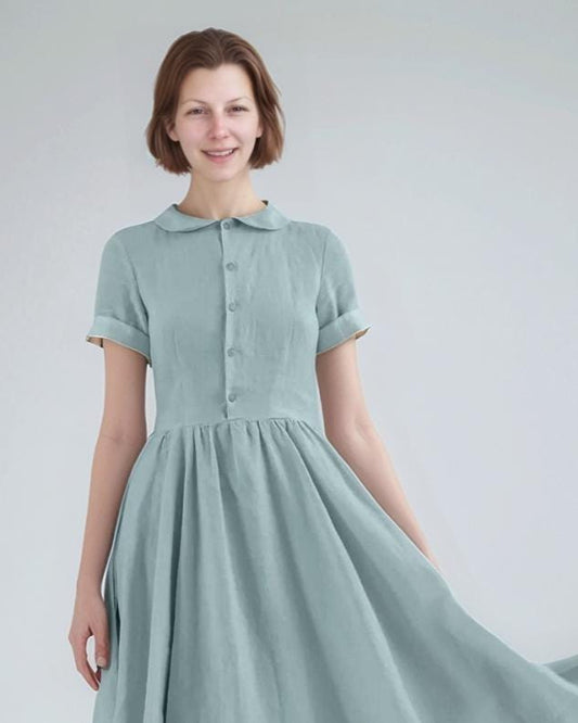 Vintage Linen Midi Dress – Peter Pan Collar Shirt Dress, Elegant Summer Dress with Short Sleeves | SKU.25T11T4I