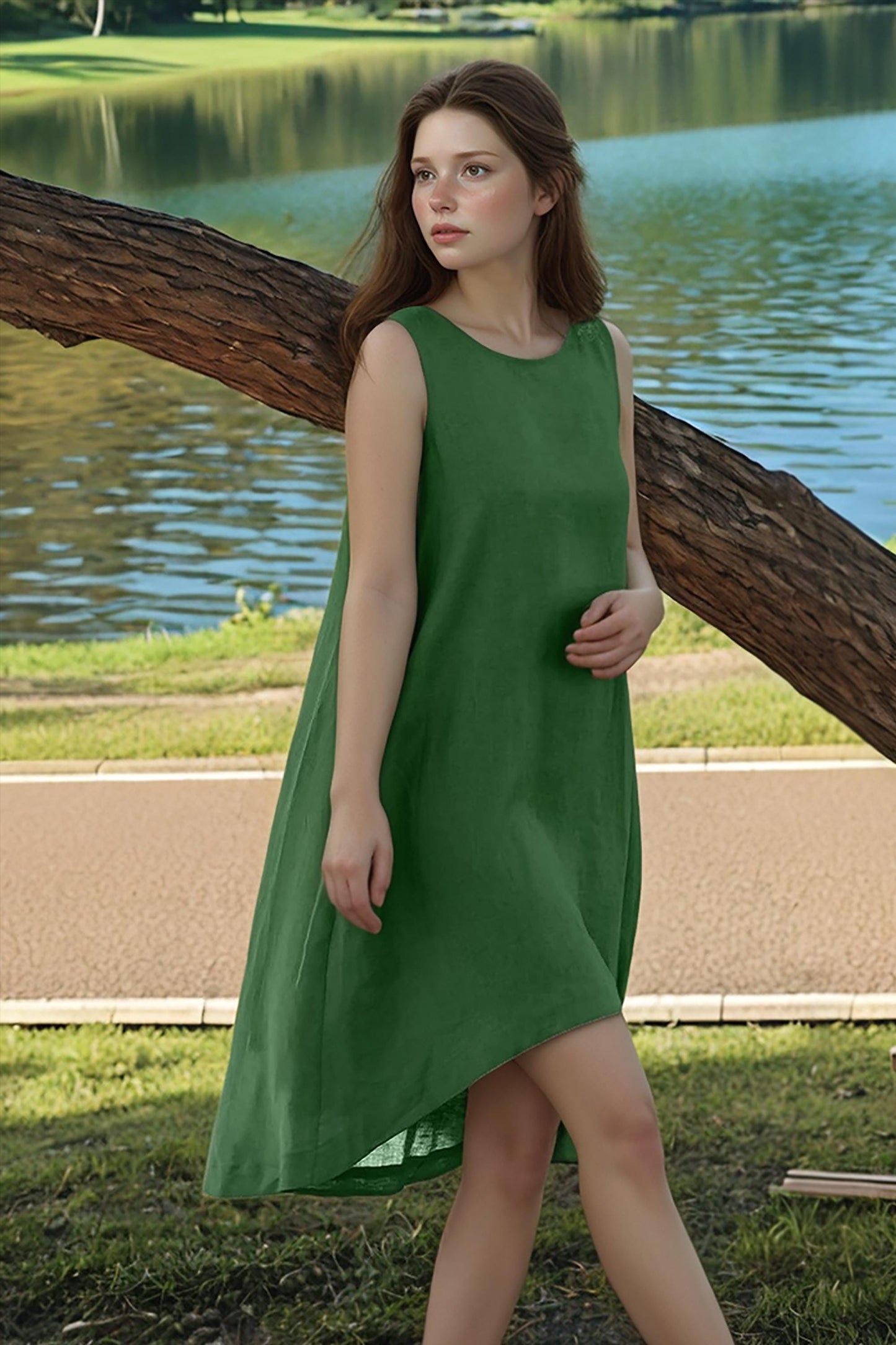Asymmetrical Green Linen Dress, Sleeveless High-Low Hem, Summer Shift Dress, Casual Loose Fit, Minimalist Linen Dress | SKU.25T14T7E
