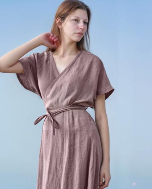 Custom Linen Wrap Maxi Dress - Elegant Long Sleeve V-Neck Dress, Flowy Fit, Made to Order | SKU.25T14T3G