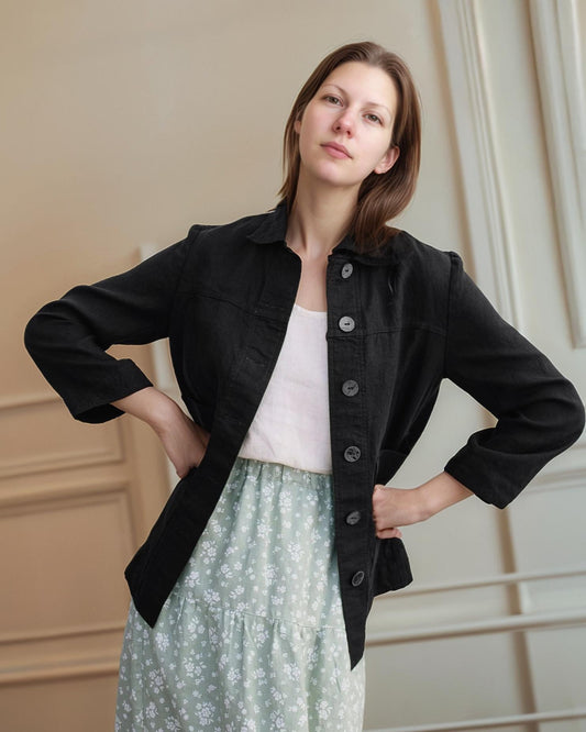 Linen Cropped Jacket for Women, Tailored Overshirt with Patch Pockets, Hip-Length Lightweight Summer Jacket | SKU.25T22T2M