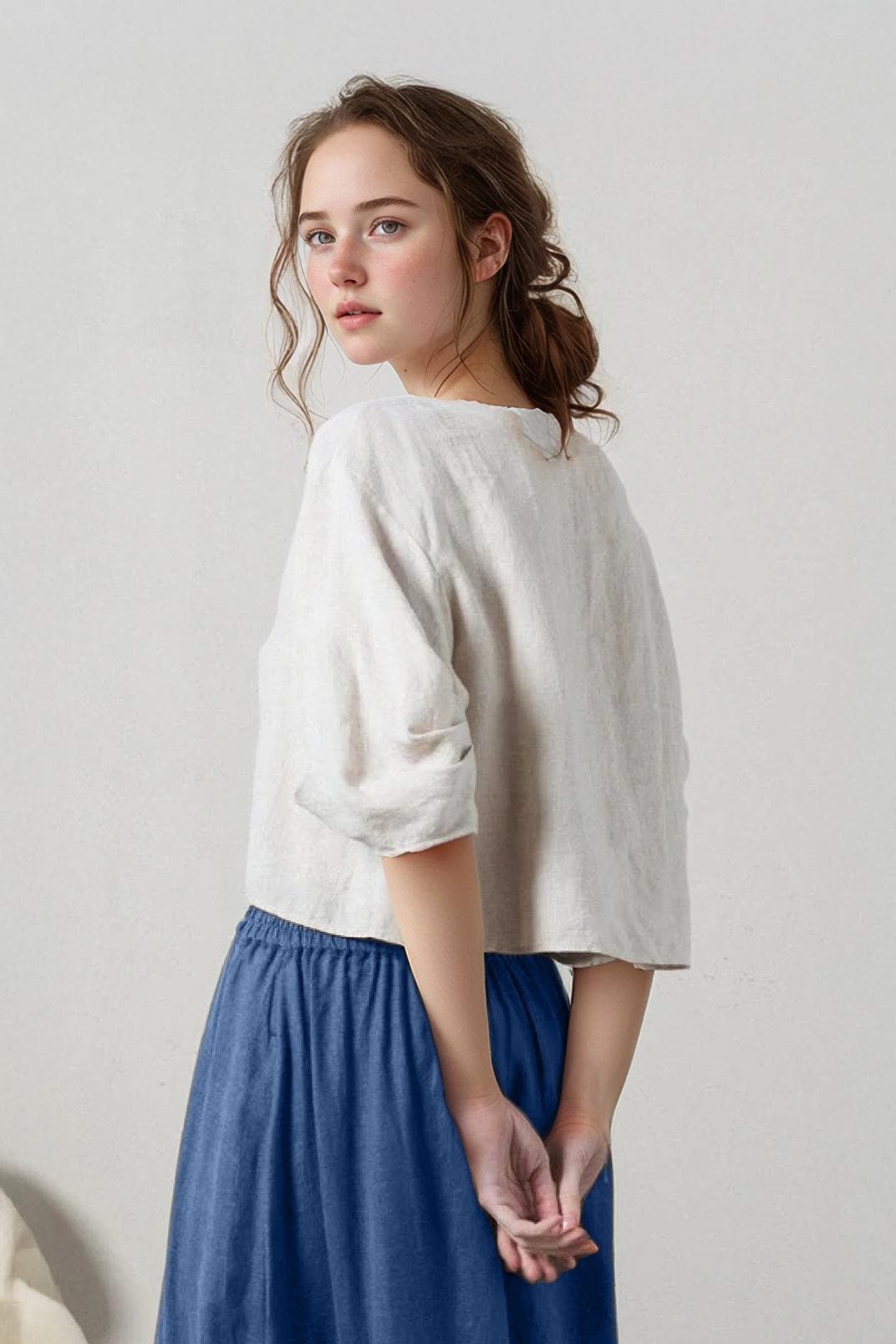 Linen Crop Top for Women – Puff Sleeve Blouse, Natural Fabric, Casual Loose Fit Summer Shirt | SKU.25T15T5Y
