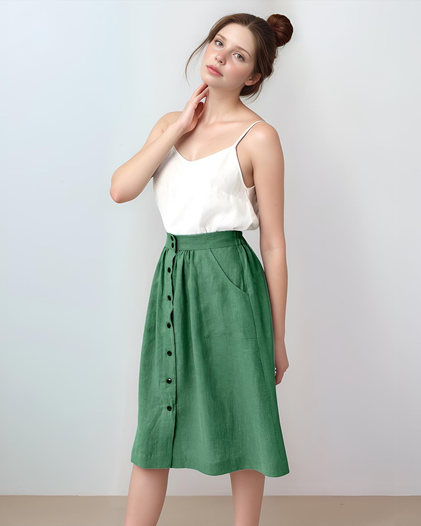 High-Waisted Button-Front Linen Skirt – Vintage A-Line Midi Skirt with Pockets| SKU.25T12T2A