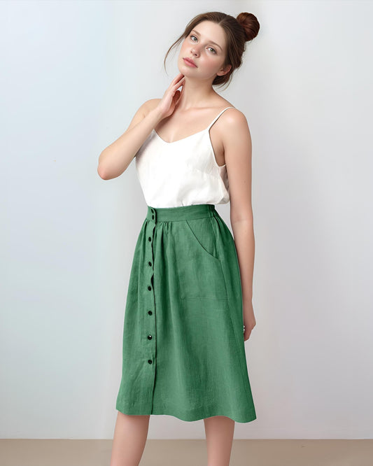High-Waisted Button-Front Linen Skirt – Vintage A-Line Midi Skirt with Pockets| SKU.25T12T2A