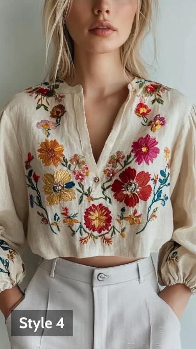 Floral Embroidered Blouse, European Chic Linen Top, Neo-Classical Boho Beige Blouse with a Touch of Allure | 241026C