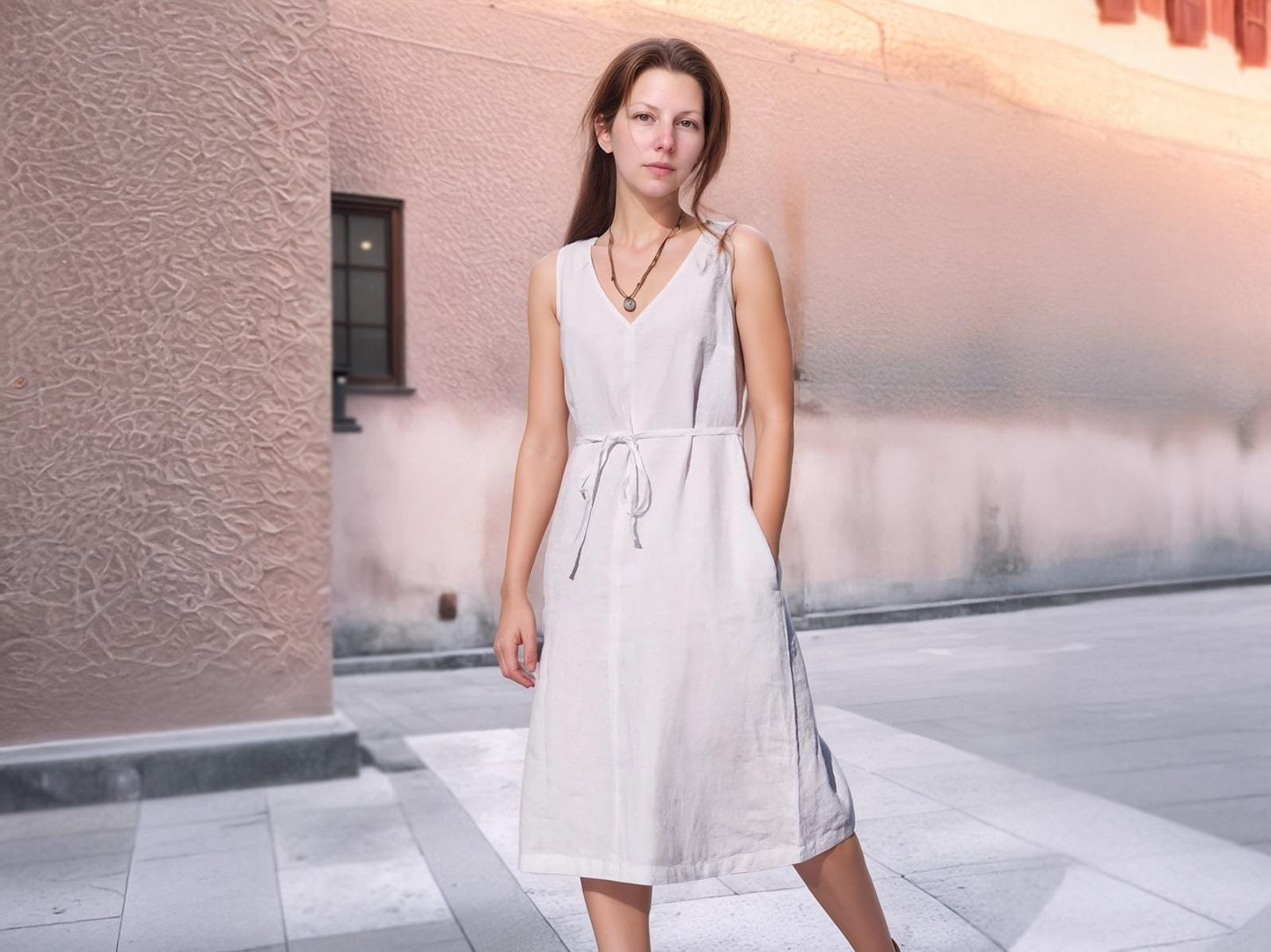 Sleeveless Linen Midi Dress with Tie Waist, V-Neck Summer Casual Dress, Lightweight Soft Natural Fabric | SKU.25T14T7F