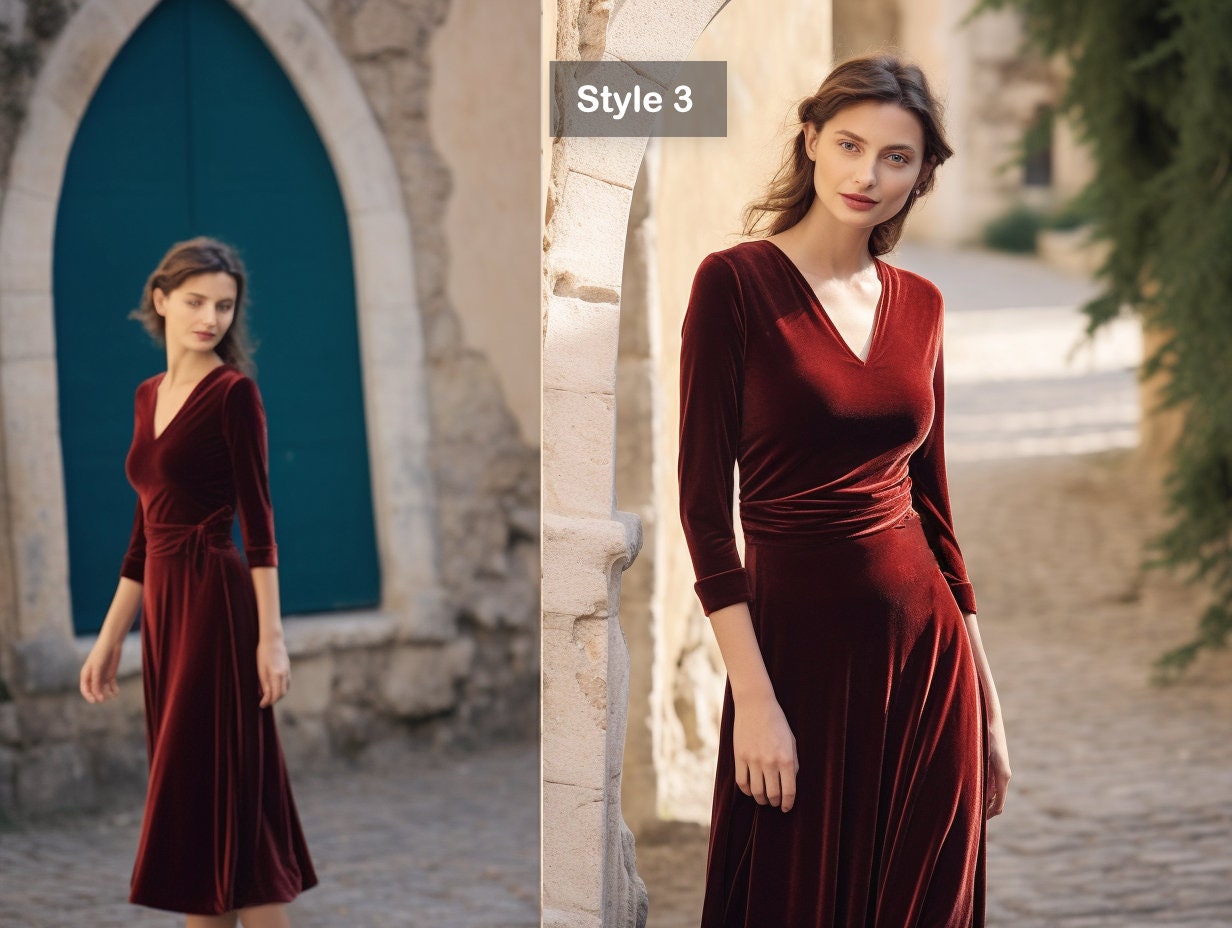 Velvet Midi Dress with Long Sleeves, V-Neck, and Closed Back - Below Knee Length - Elegant Women's Fashion | Customizable | Personalizable