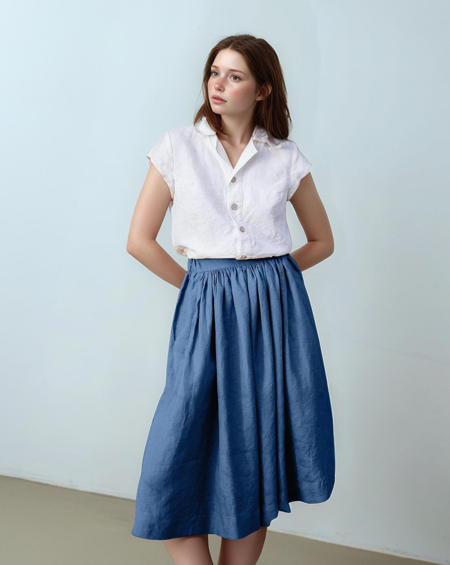 High-Waisted Linen Midi Skirt with Gathered Waist and Pockets, Retro 1950s A-Line Flared Skirt, Custom Fit for Women| SKU.25T22T2T