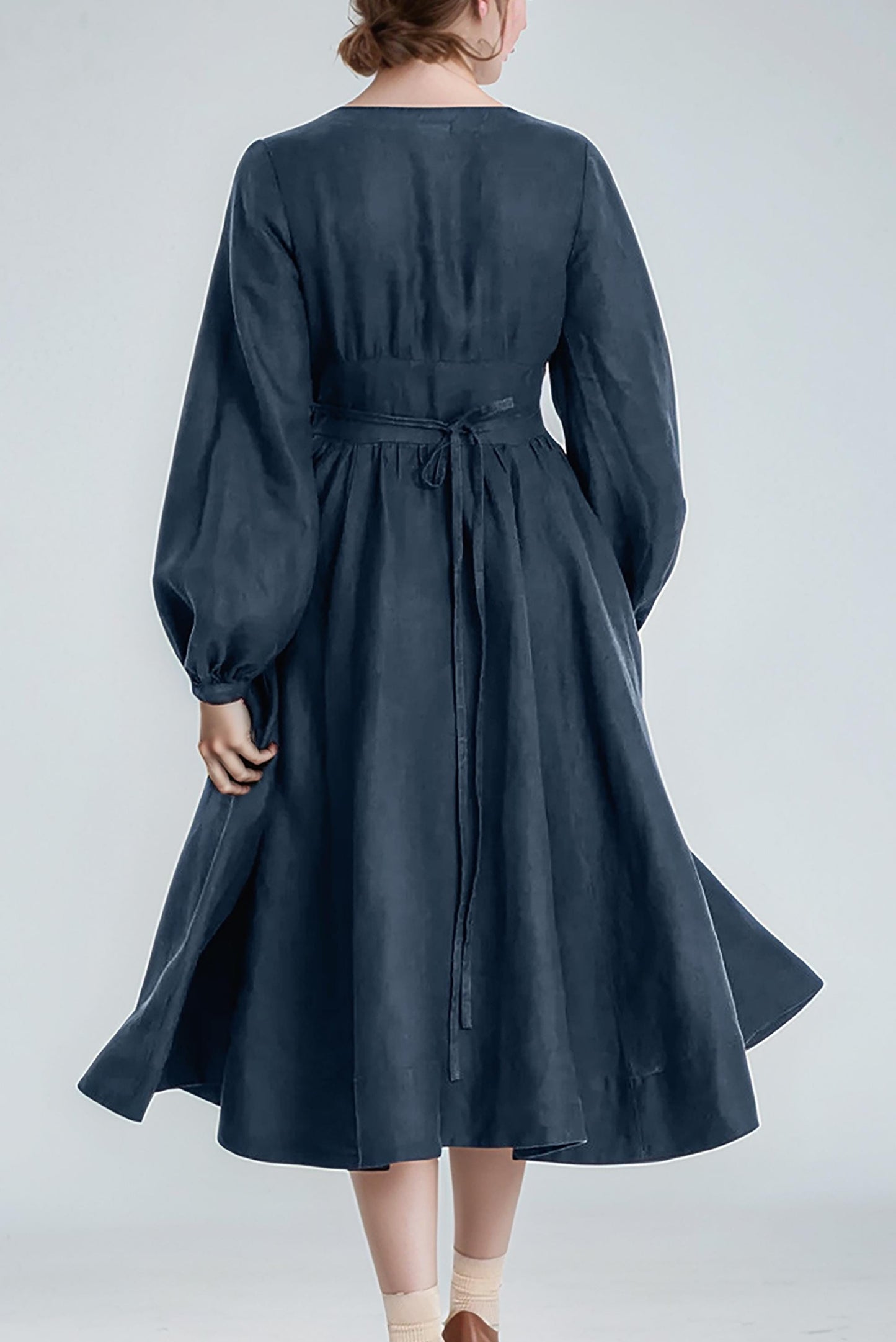 Vintage-Inspired Linen Midi Dress – Elegant Puff Sleeve Dress with Waist Tie | SKU.25T11T5B