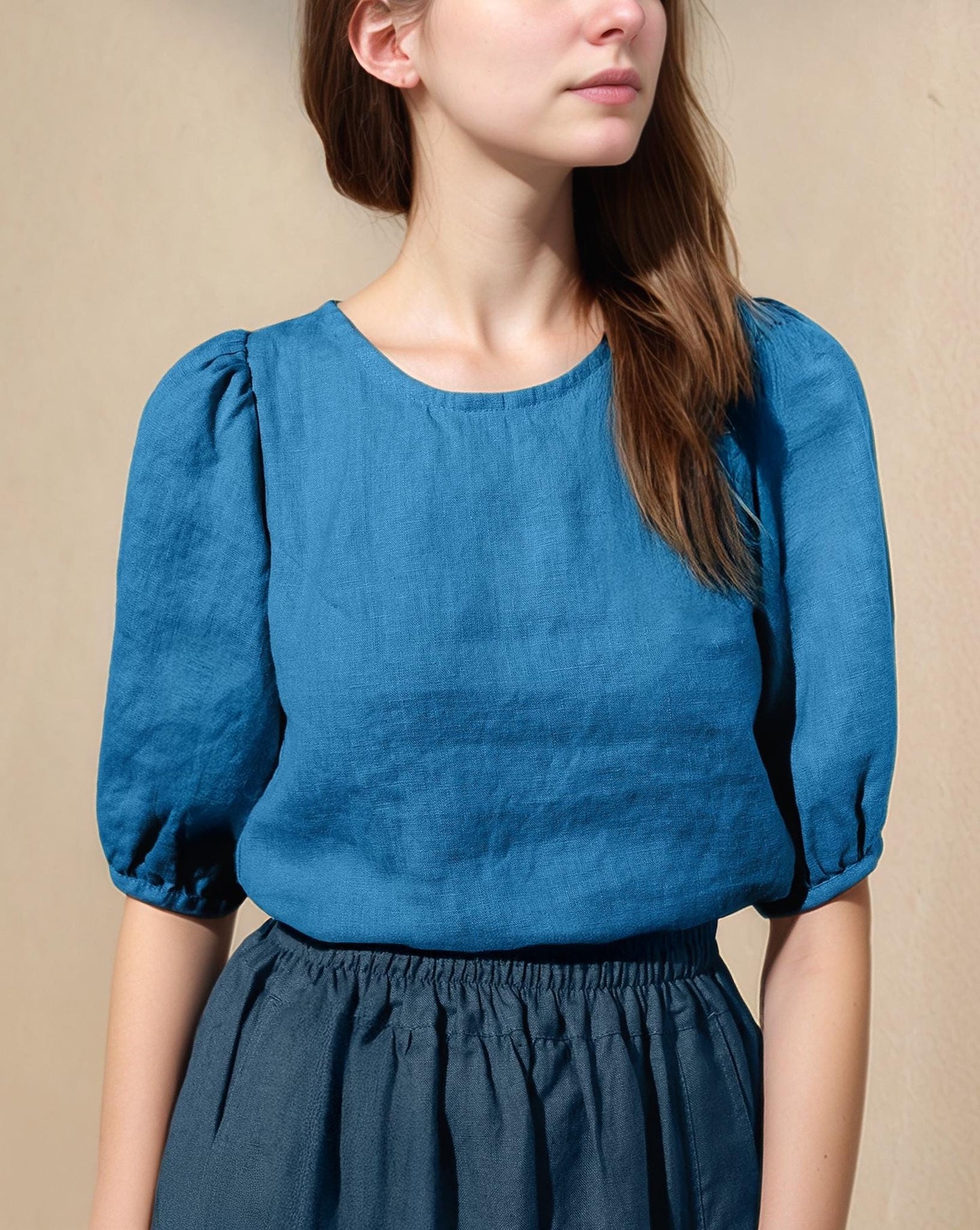 Linen Puff Sleeve Top, High Neck Blouse, Elegant A-line Fit, Button Back Detail, Summer Minimalist Shirt | SKU.25T22T3E