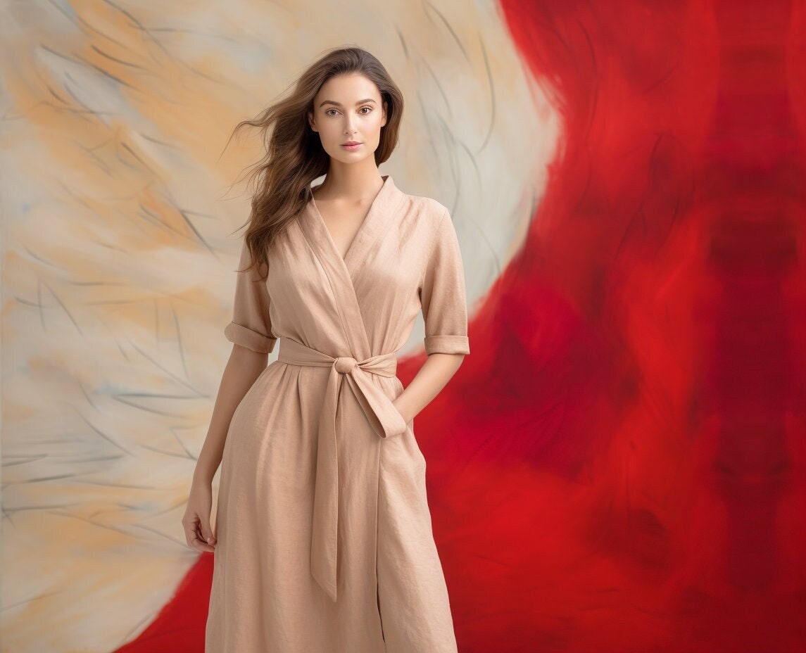 Stylish Women's Linen Wrap Dress | 3/4 Sleeves, True Wrap Closure | Side Seam Pockets | Below Knee Length | Customizable | 230919A