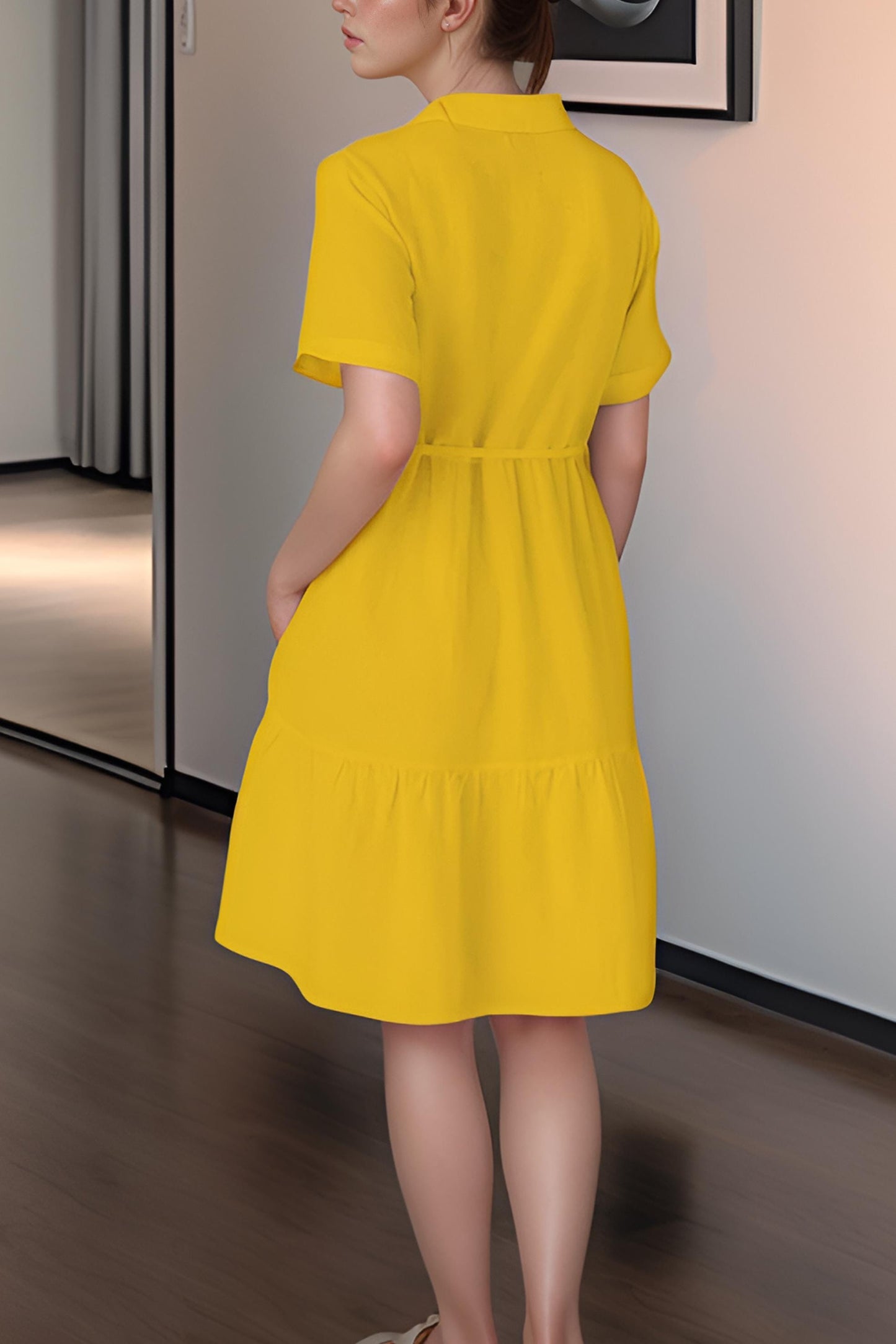 Yellow Linen Midi Dress – Short Sleeve Summer Dress with Waist Tie, Casual Loose Fit Tunic | SKU.25T09T7E