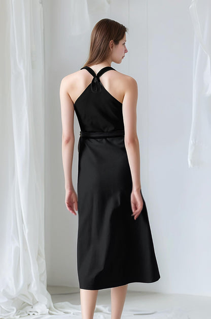 Black Halter Neck Wrap Dress – Sleeveless Open Back Midi Dress for Women | SKU.25T11T3D
