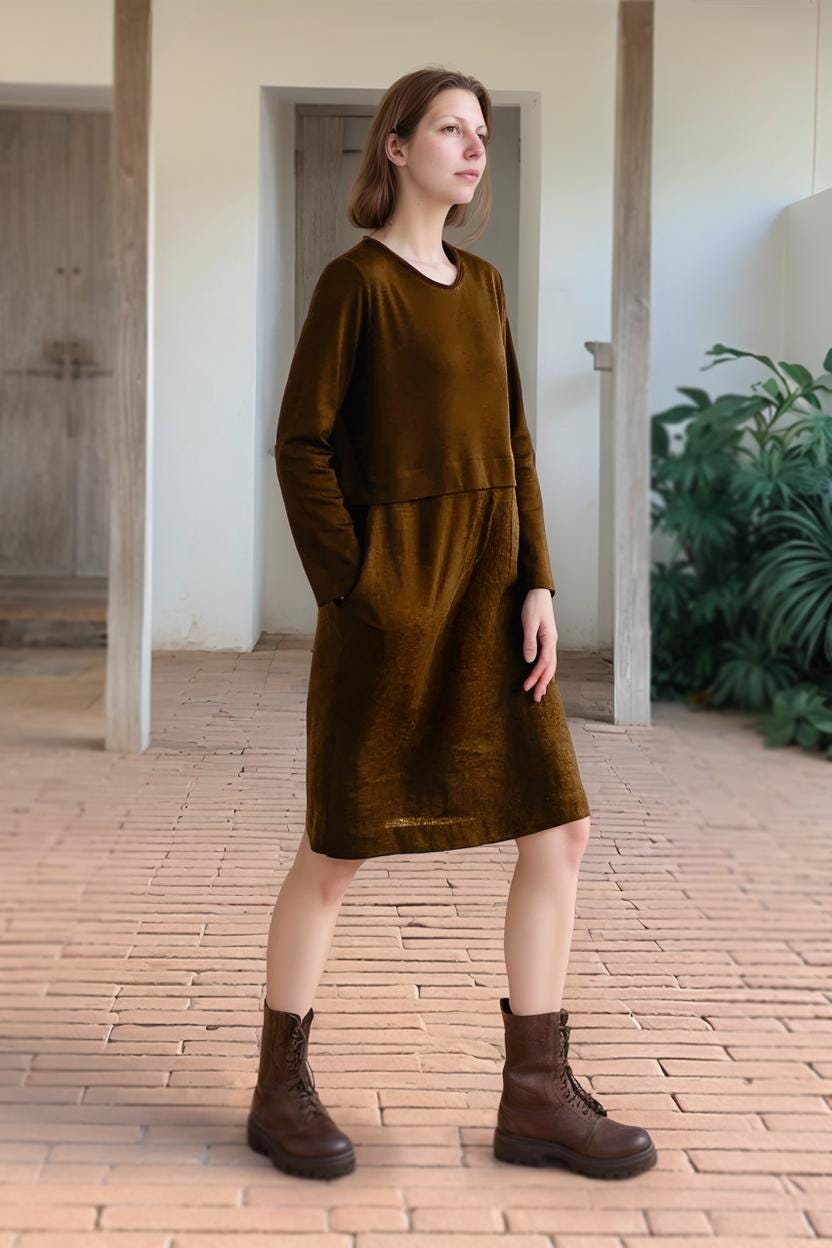 Linen Long Sleeve Shift Dress, Relaxed Fit, Pockets, Minimalist Fall Style, Brown Velvet, Casual Winter Dress | SKU.25T14T7G