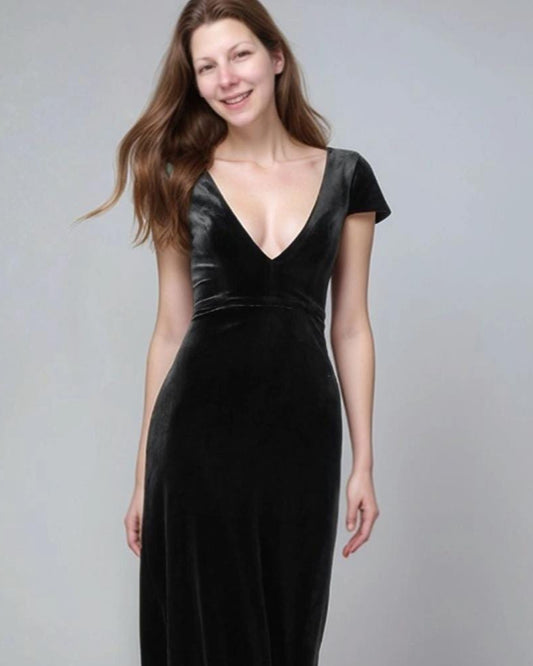 Black Velvet V-Neck Maxi Dress – Elegant Evening Gown with Cap Sleeves | SKU.24T17T5I