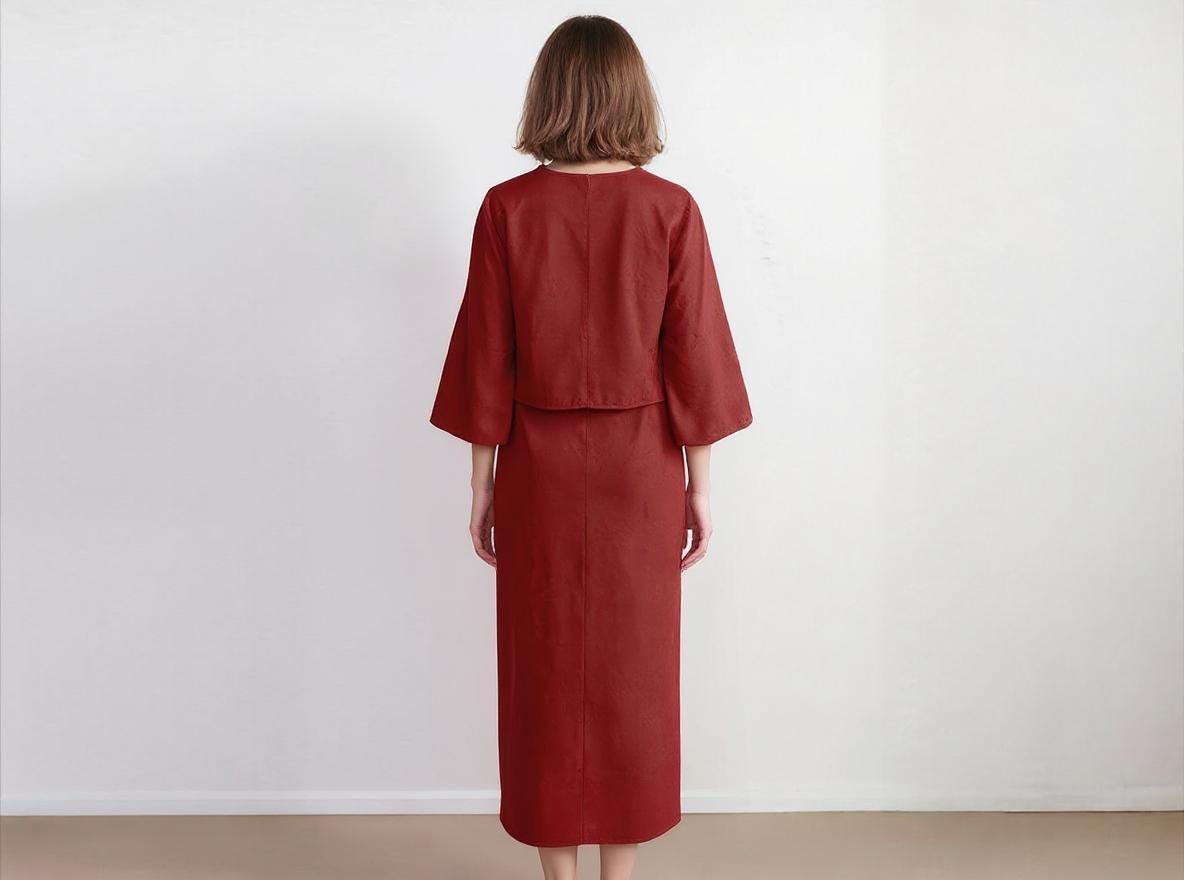 Elegant Red Linen Two-Piece Dress Set – Long Sleeve Crop Top & High Waist Midi Skirt, Minimalist Outfit for Women | SKU.25T15T5A