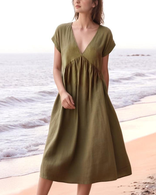 Handmade Linen Midi Dress - V-Neck Flowy Summer Dress - Casual Boho Beach Dress | SKU.241227