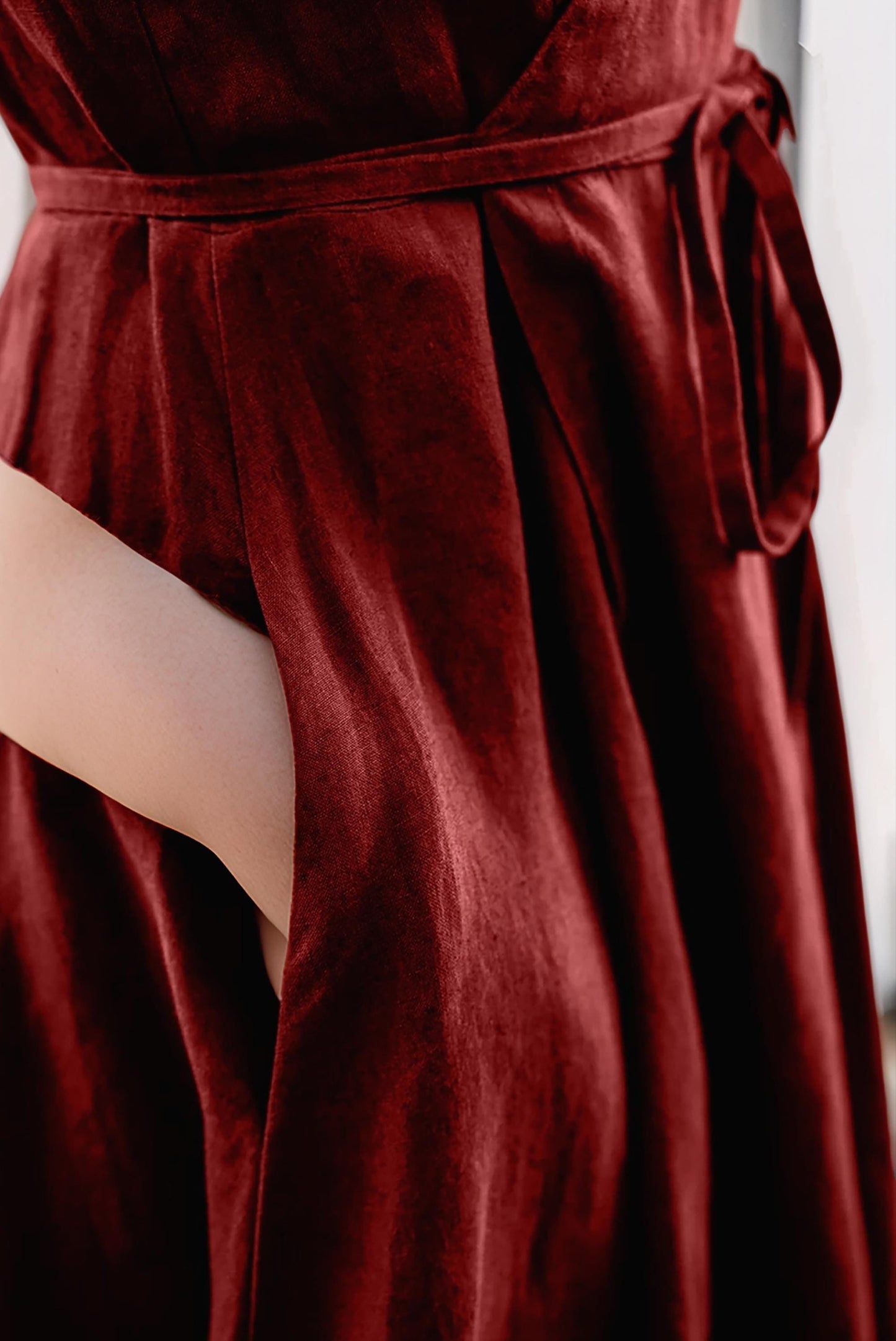 Rust Red Linen Wrap Dress – Short Sleeve Midi Dress with Belt for Effortless Elegance | SKU.25T11T5D