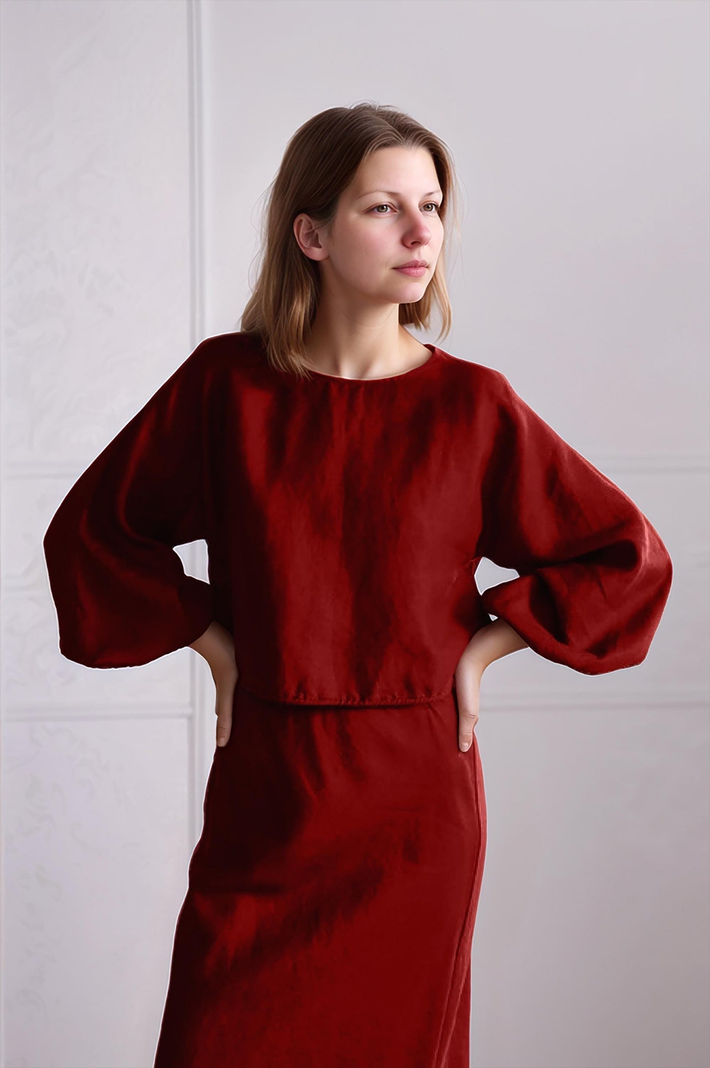 Elegant Red Linen Two-Piece Dress Set – Long Sleeve Crop Top & High Waist Midi Skirt, Minimalist Outfit for Women | SKU.25T15T5A