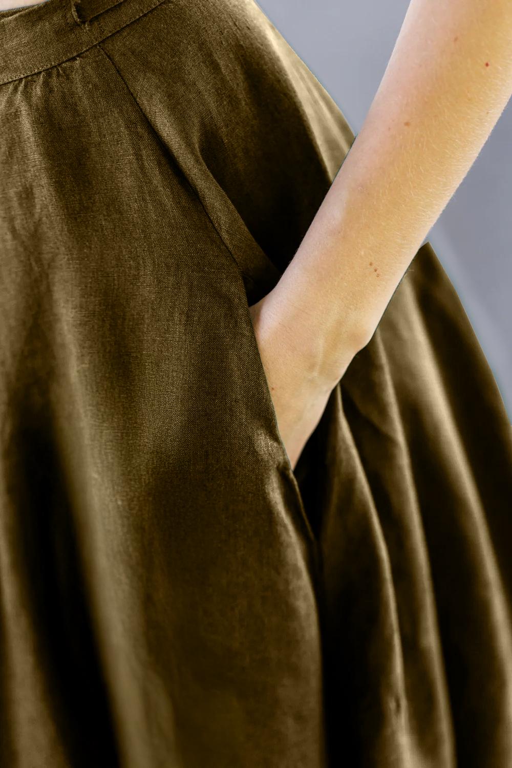 Evergreen Linen Midi Skirt with Pockets – High-Waist, Flowy A-Line | SKU.25T11T4M