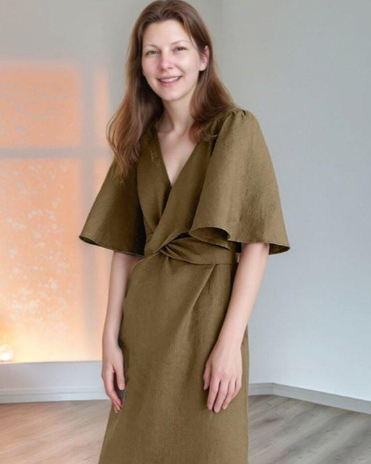 Olive Linen Wrap Maxi Dress, Flutter Sleeve Summer Dress, Handmade Boho Casual Long Dress with Belt | SKU.25T14T7B