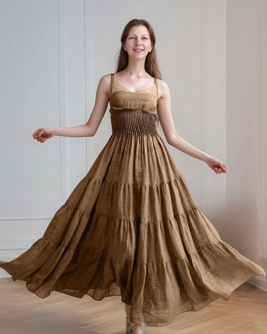 Elastic Linen Maxi Dress - Brown Tiered Smocked Dress, Flowy Sleeveless Summer Dress, Boho Cottagecore Long Dress | SKU.25T14T6B