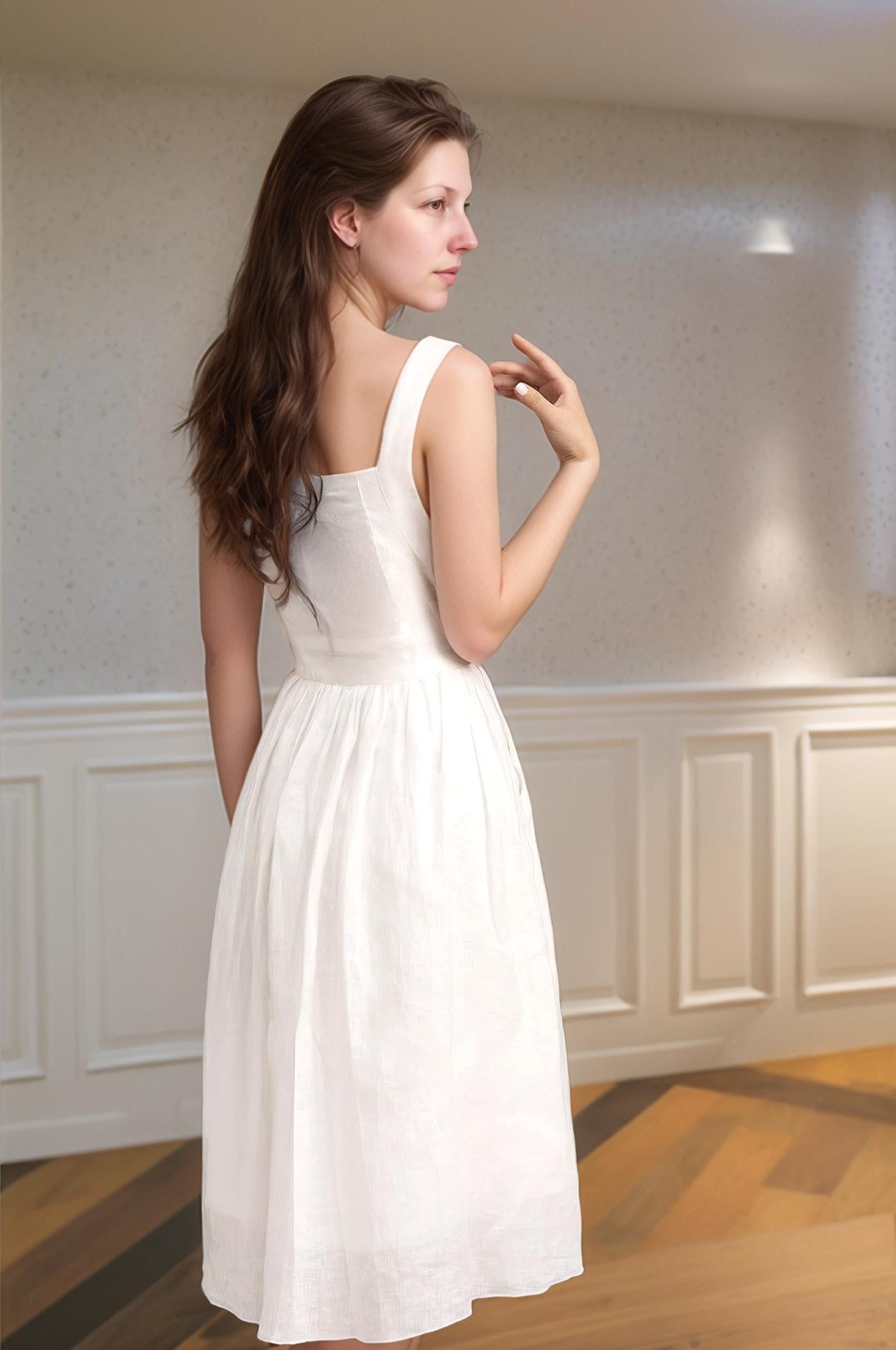 Elegant White Linen Midi Dress - Square Neck, Button Details, Sleeveless, Summer Chic, Effortless Elegance | SKU.25T22T2C
