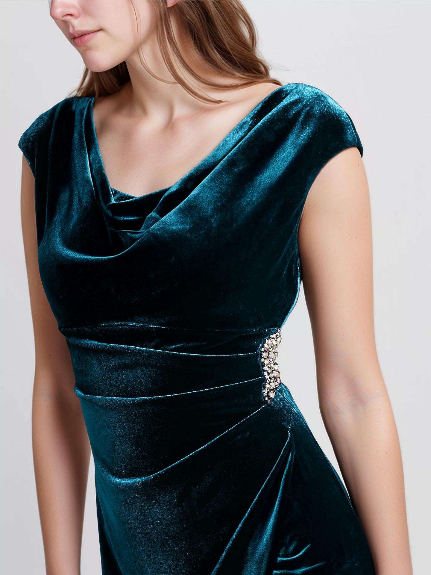 Teal Velvet Midi Dress with Cowl Neckline and Brooch Detail – Elegant Cocktail & Evening Dress | SKU.25T17T6E