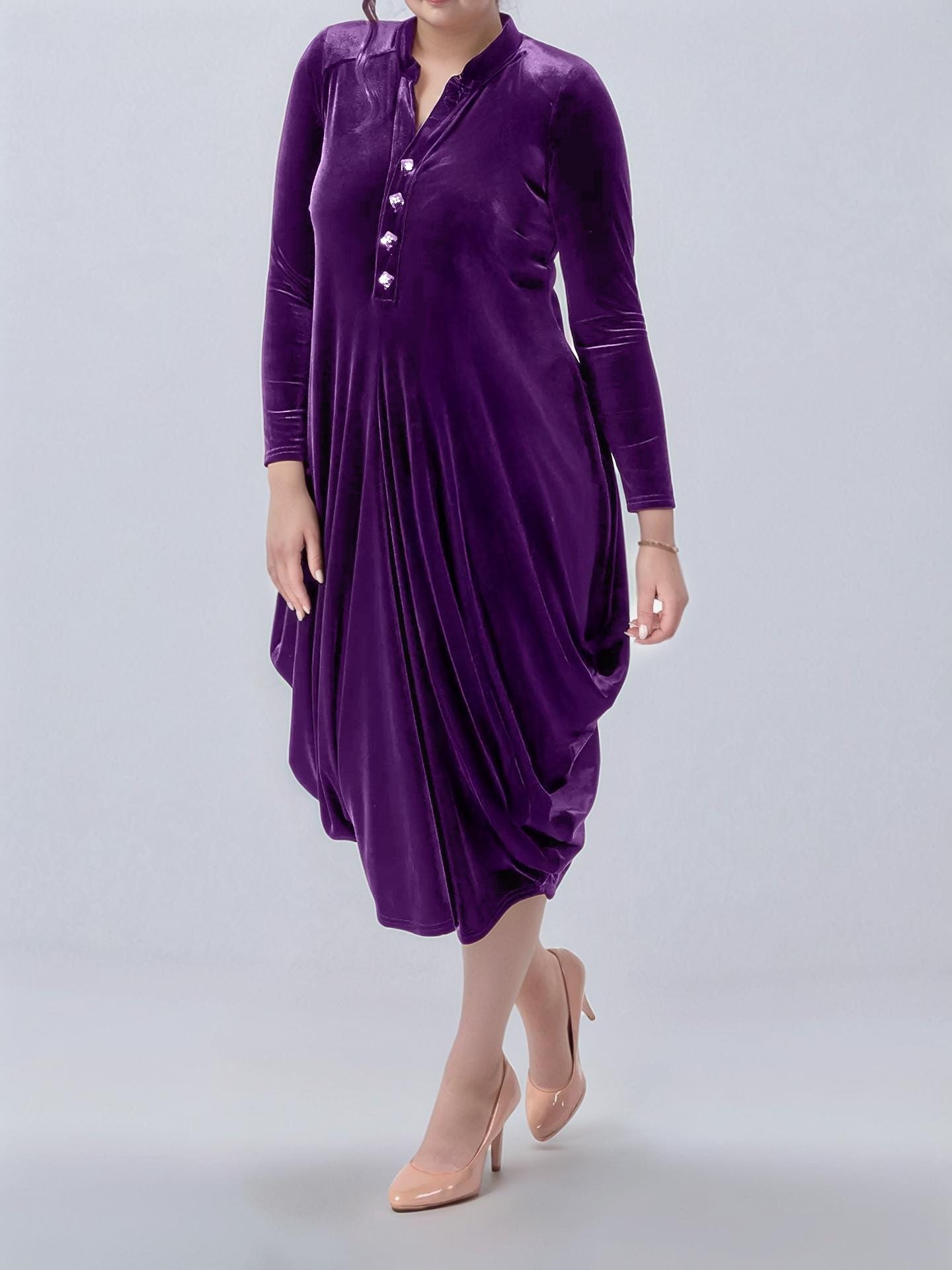 Purple Velvet Midi Dress with Asymmetrical Hem and Pockets – Long Sleeve Plus Size Party Dress | SKU.25T17T6L