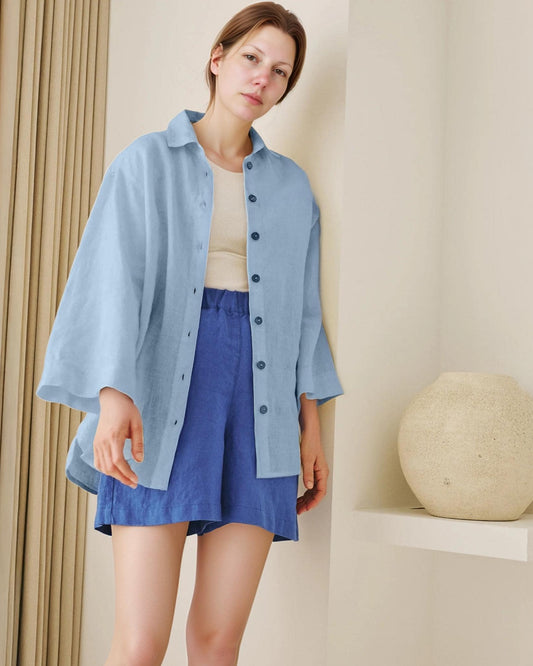 Relaxed Linen Shirt, Oversized Button Down Blouse, Wide Sleeve Summer Top, Handmade Minimalist Linen Women's Clothing | SKU.25T22T2Y