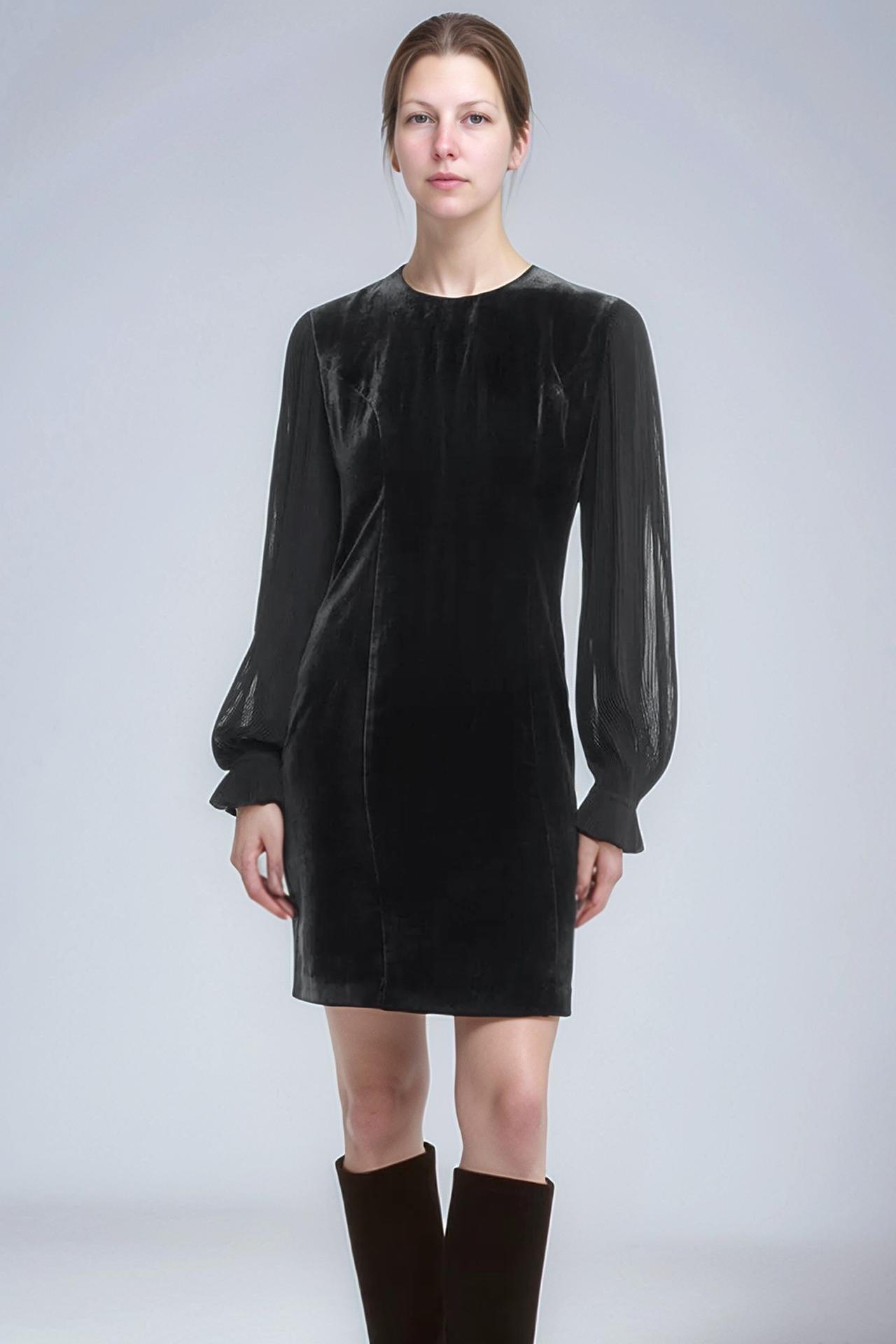Black Velvet Mini Dress with Sheer Long Sleeves – Elegant Round Neck Party Dress for Women | SKU.25T17T6K