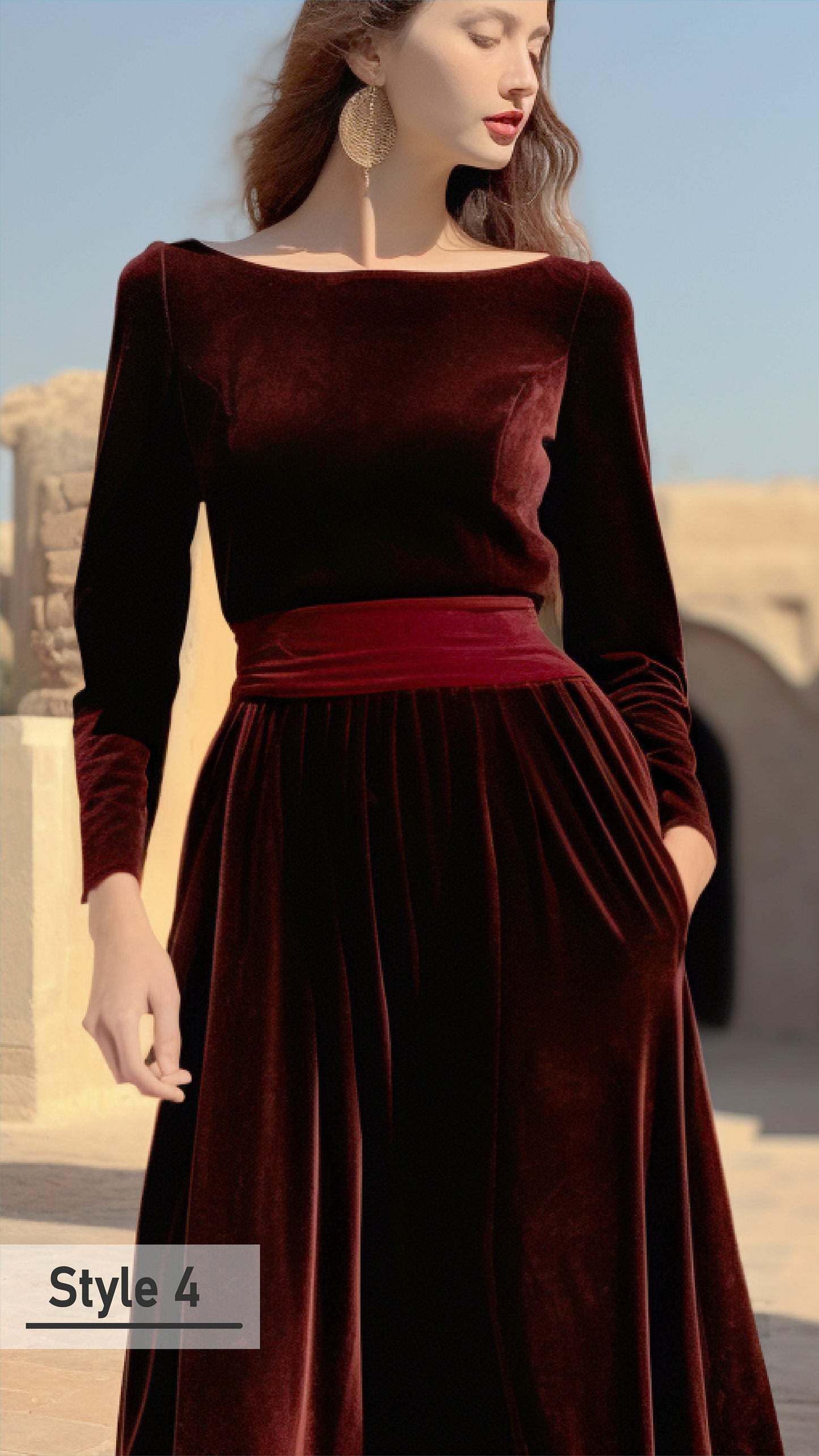 Chic Velvet Midi Dress - Boat Neck, Full Fitted Sleeves, Closed Back - Bridesmaids or Evening Events - Customizable and Personalizable