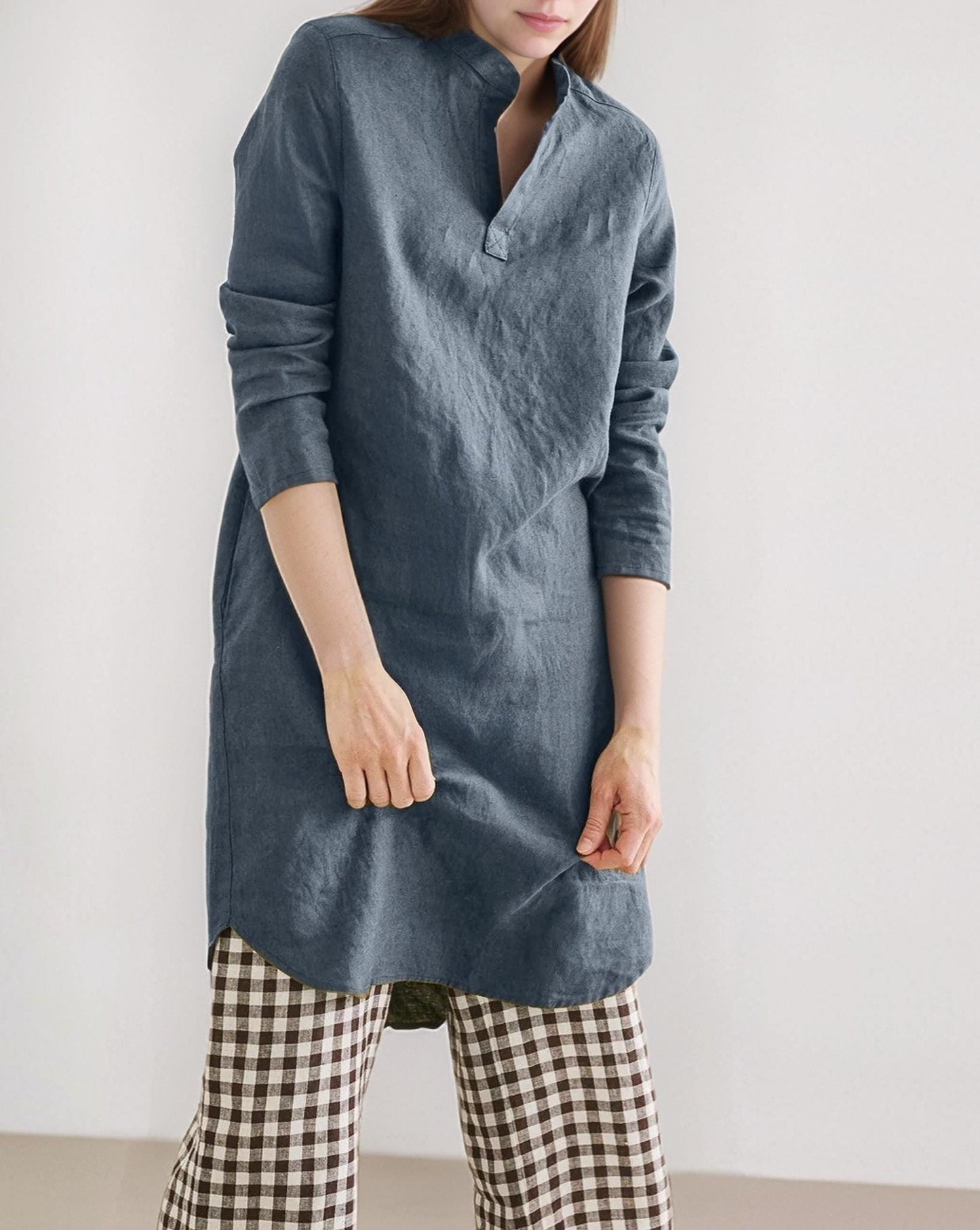 Relaxed Fit Linen Shirtdress with Mandarin Collar, Henley Neckline, Long Sleeve, Side Slit Pockets, Everyday Casual Tunic | SKU.25T22T2N
