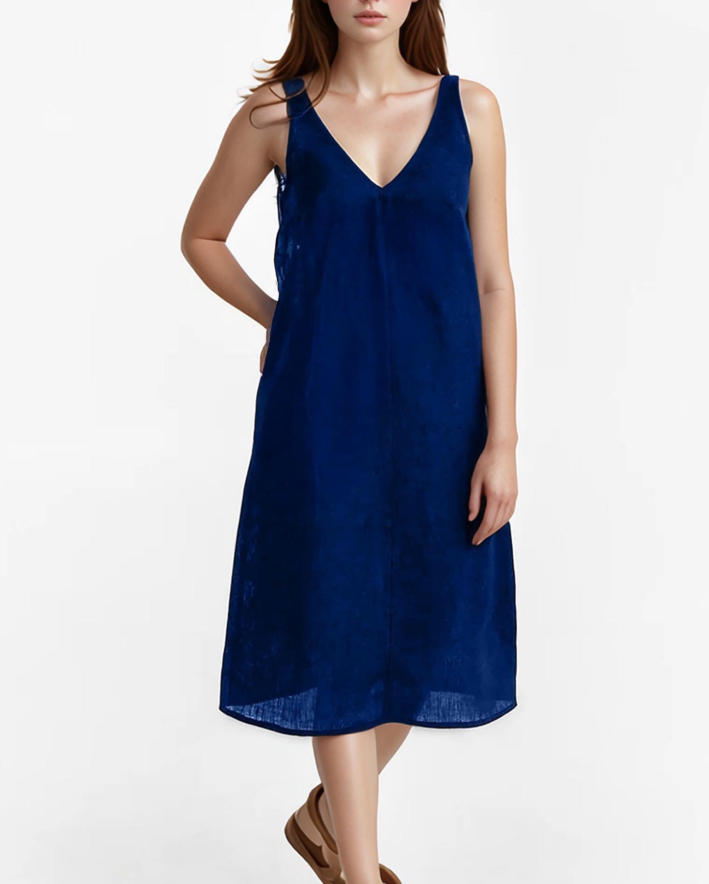 Linen V-Neck Sleeveless Dress, Backless Summer Midi Dress with Pockets, Casual Minimalist Dress, Women' s Lightweight Dress | SKU.25T14T7Y