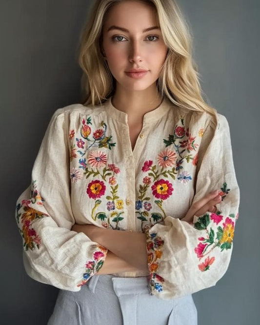 Bohemian Embroidered Linen Blouse, European Folk Floral Top, Beige Ethnic Chic Button-Up Blouse | 241026B