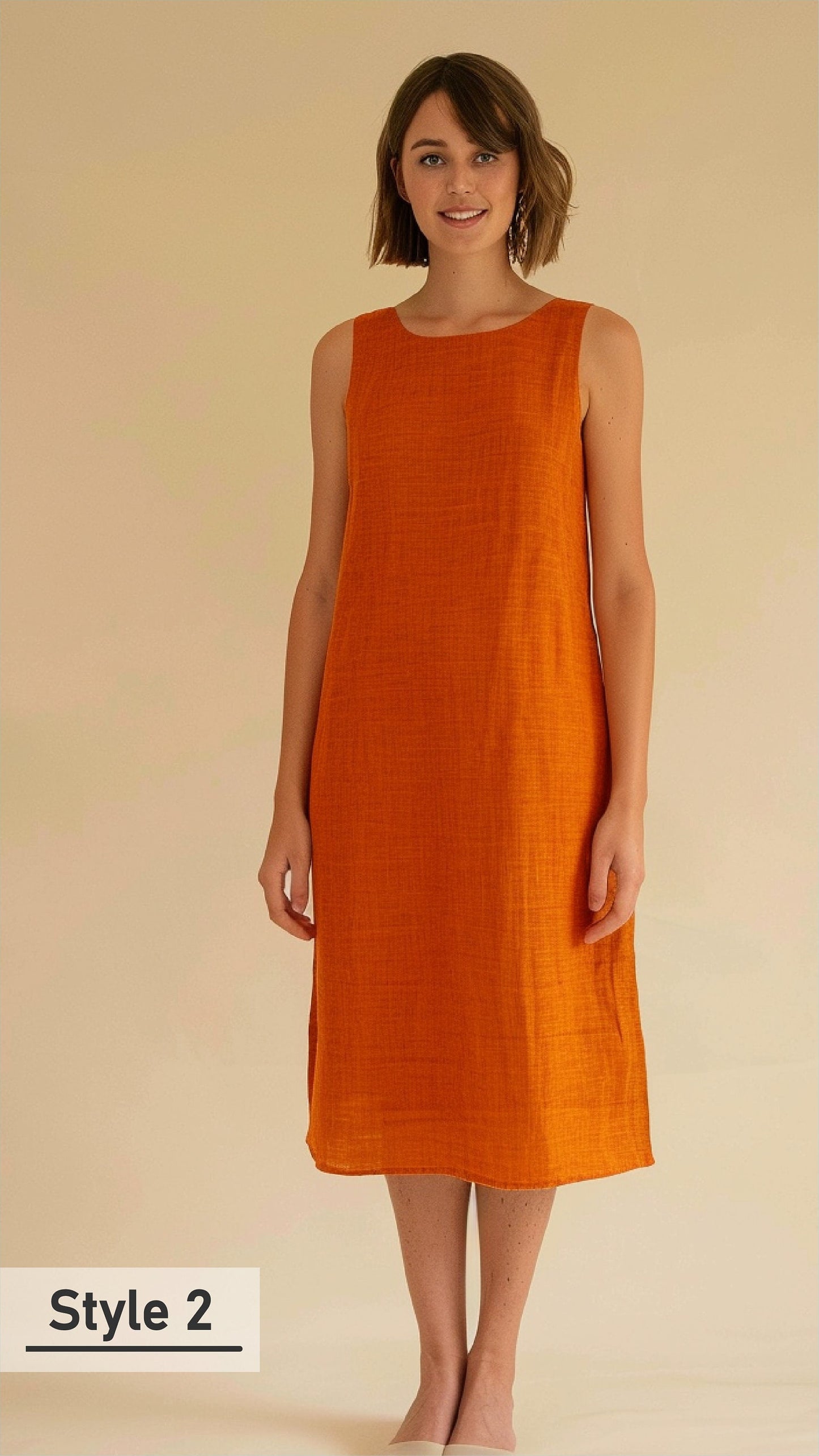 Customizable Chic Burnt Orange Linen Dress - Sleeveless, Loose Fit, Ideal for Personalized Summer Comfort and Style | SKU.012