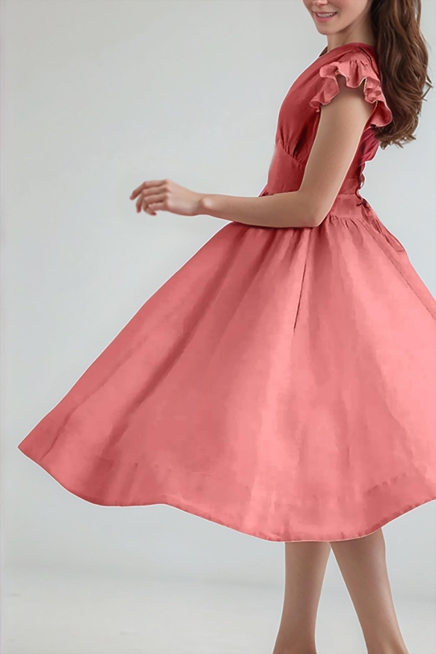 Rustic Ruffle Sleeve Linen Dress – Vintage-Inspired Summer Midi Dress with Button Front & Tie Waist | SKU.25T11T5F