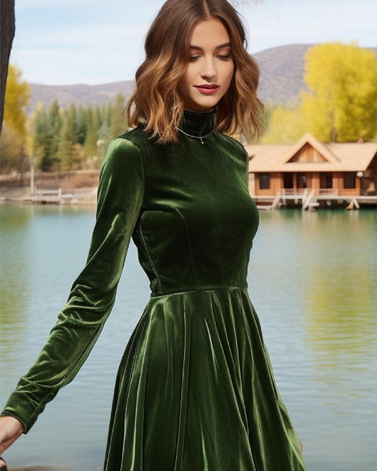 Elegant High Neck Velvet Dress - Modern Twist on Classic Sophistication - Tailor to Your Style