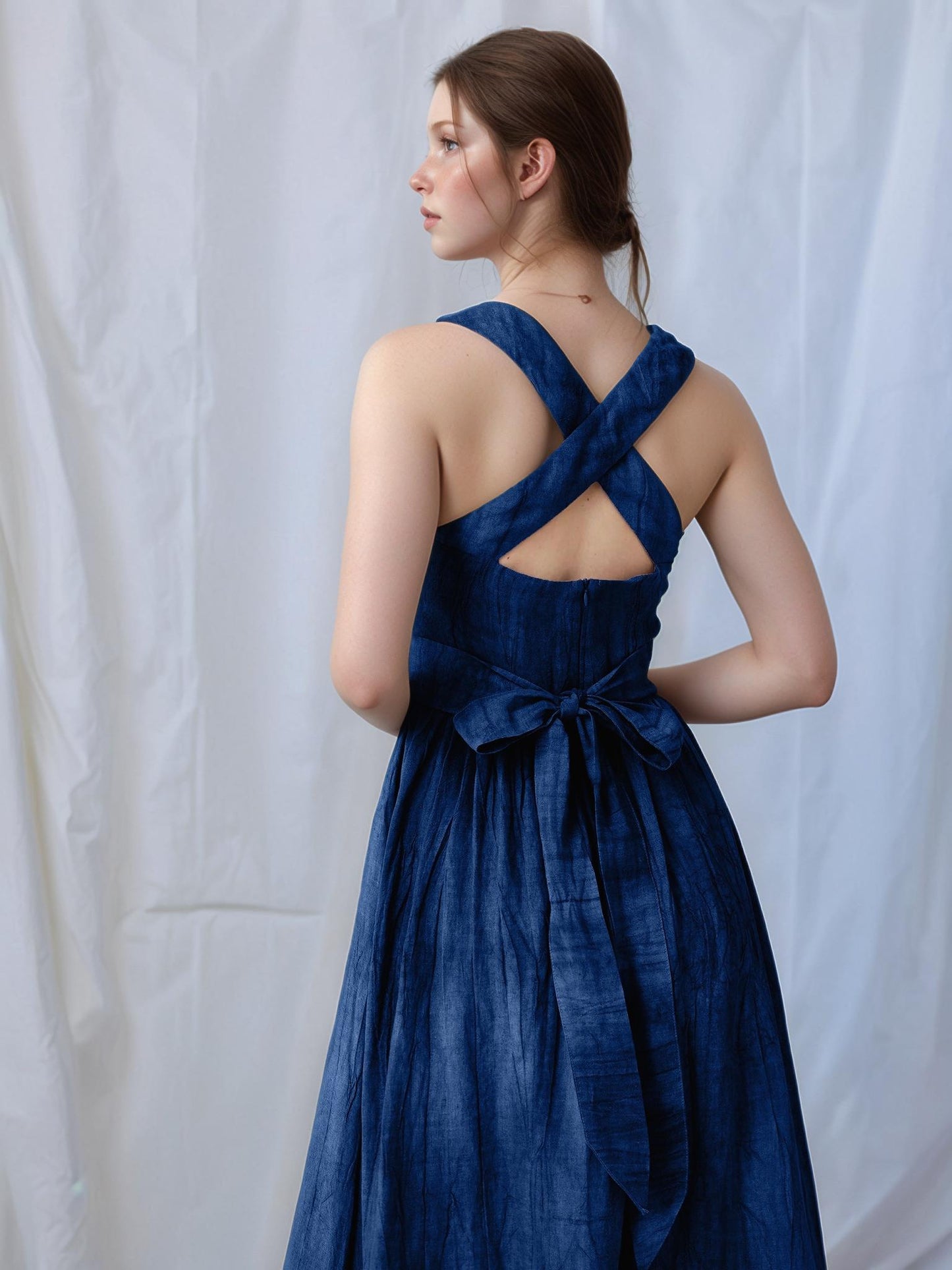 Linen Midi Dress, Square Neckline, Cross-Back Tie, Vintage Summer Boho Style, Custom Size Option | SKU.25T14T6K