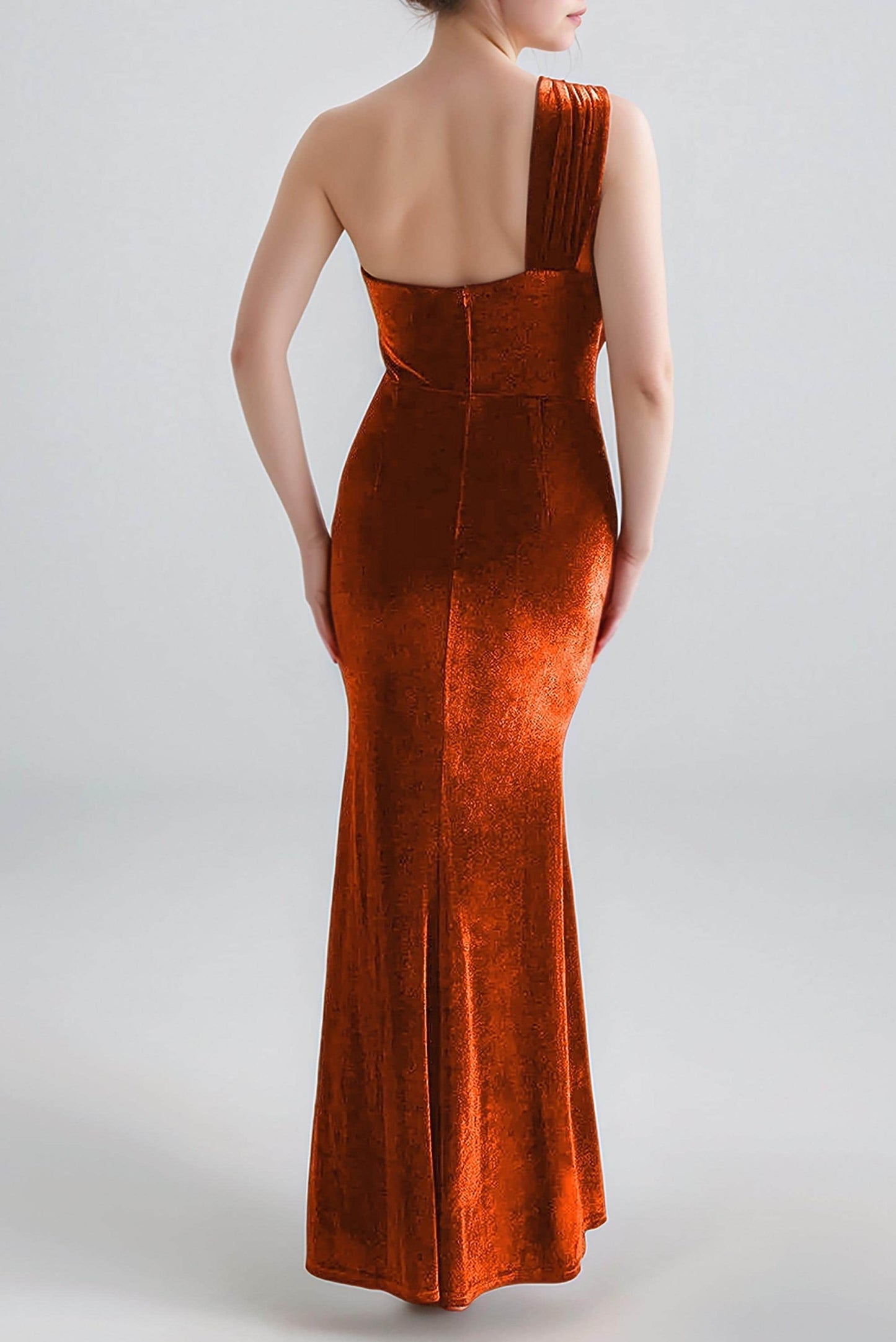 Rust Velvet One-Shoulder Maxi Dress – Elegant Bridesmaid Gown with Twist Detail | SKU.25T17T6G