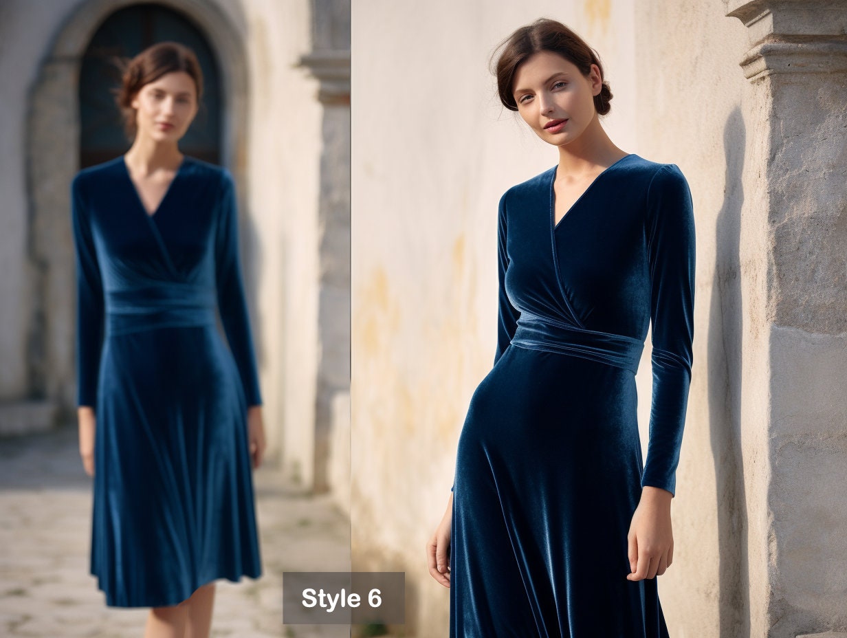 Versatile Velvet Midi Dress | Bridesmaid Dress | Long Sleeves, Self-Tie Belt | Spring & Fall | Custom Handmade | Plus Size Gowns