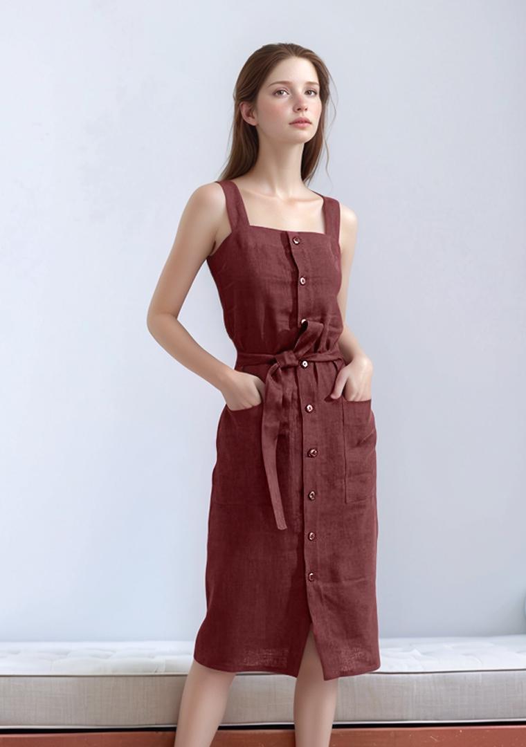 Custom Sleeveless Midi Button Dress, Square Neck Summer Dress, Belted Casual Dress with Pockets | SKU.25T14T5W