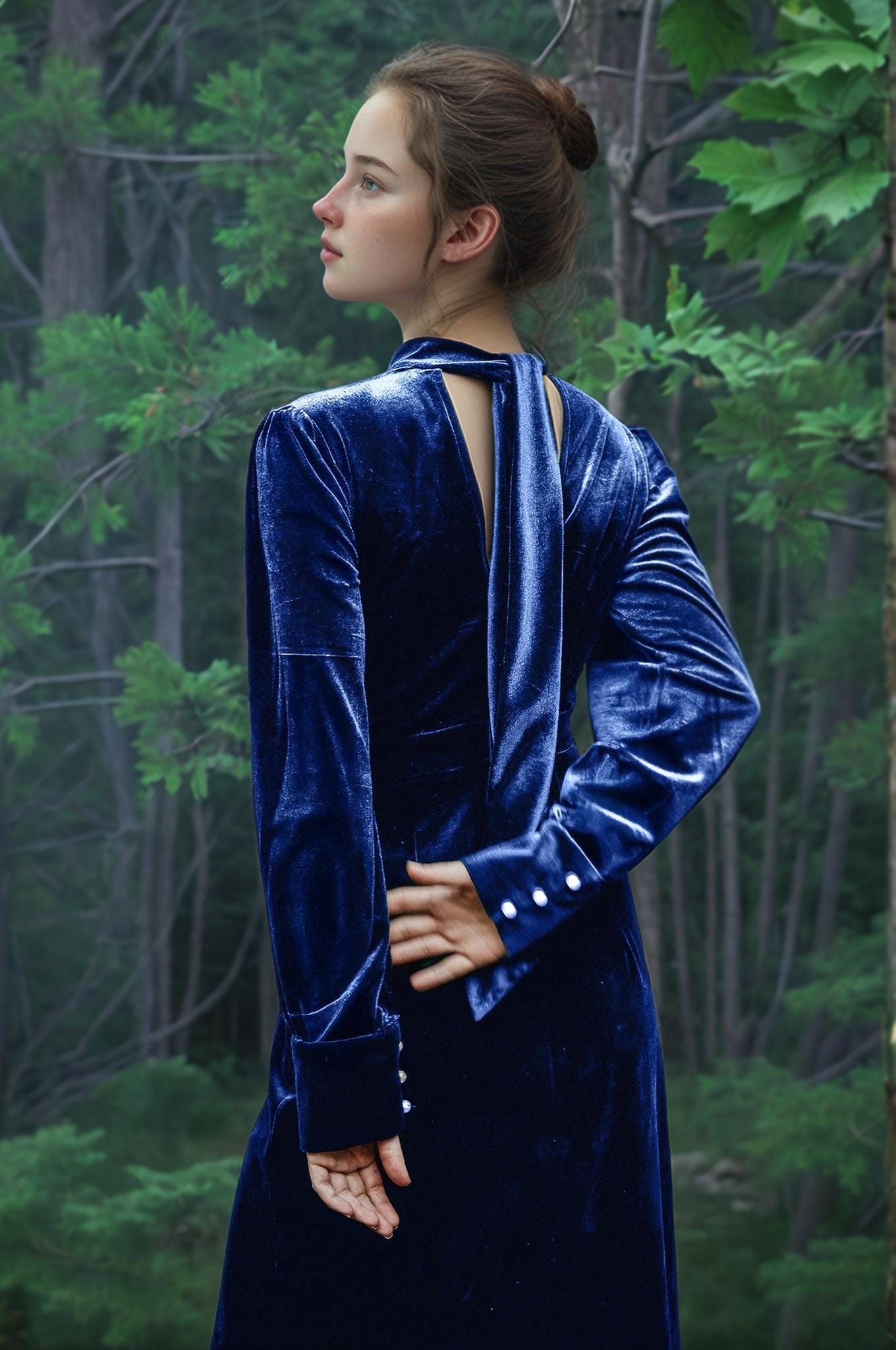 Royal Blue Velvet Long Dress with Sleeves and Back Tie – Elegant Full-Length Evening Gown | SKU.24T17T5A