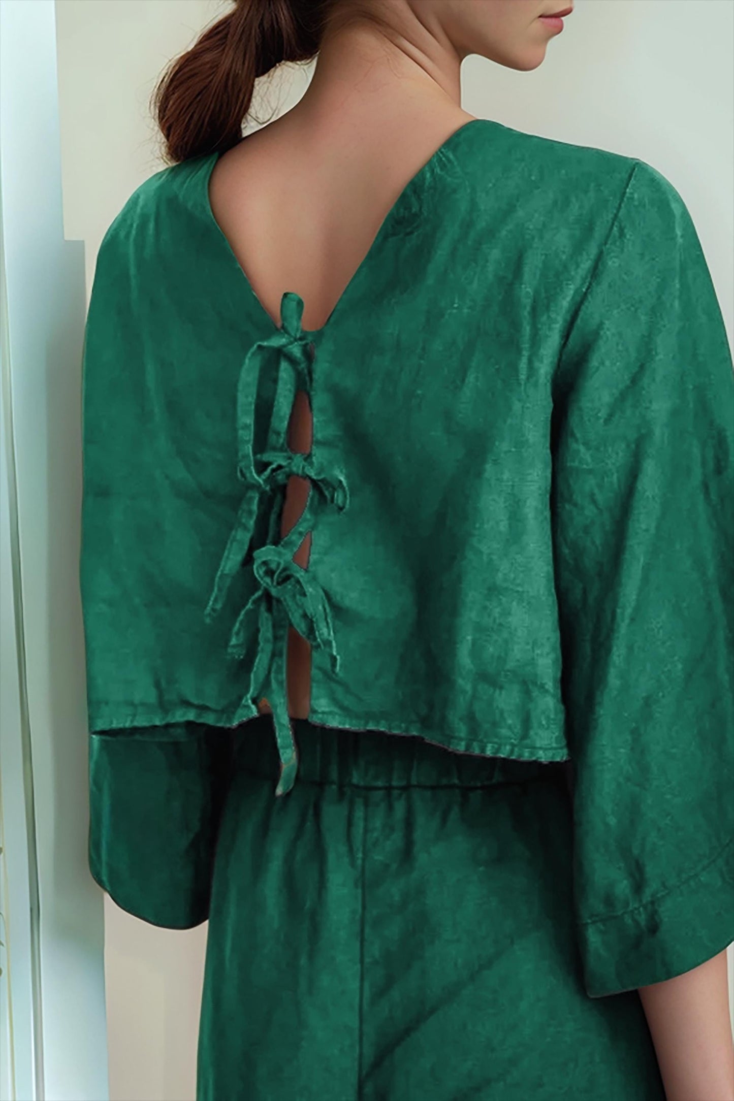 Boho Green Linen Crop Top with Bell Sleeves - Back Tie Linen Blouse - Women's Summer Top | SKU.25T11T2D