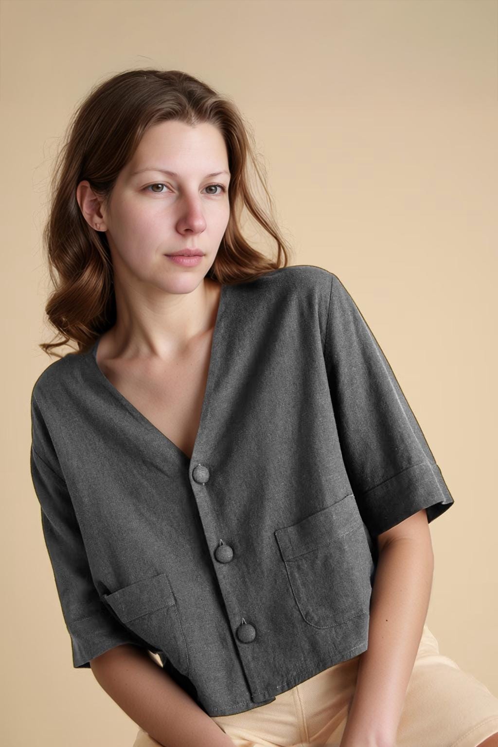 Linen V-Neck Relaxed Shirt - Cropped Boxy Fit, Button Front, Short Sleeve Summer Blouse | SKU.25T22T3Z