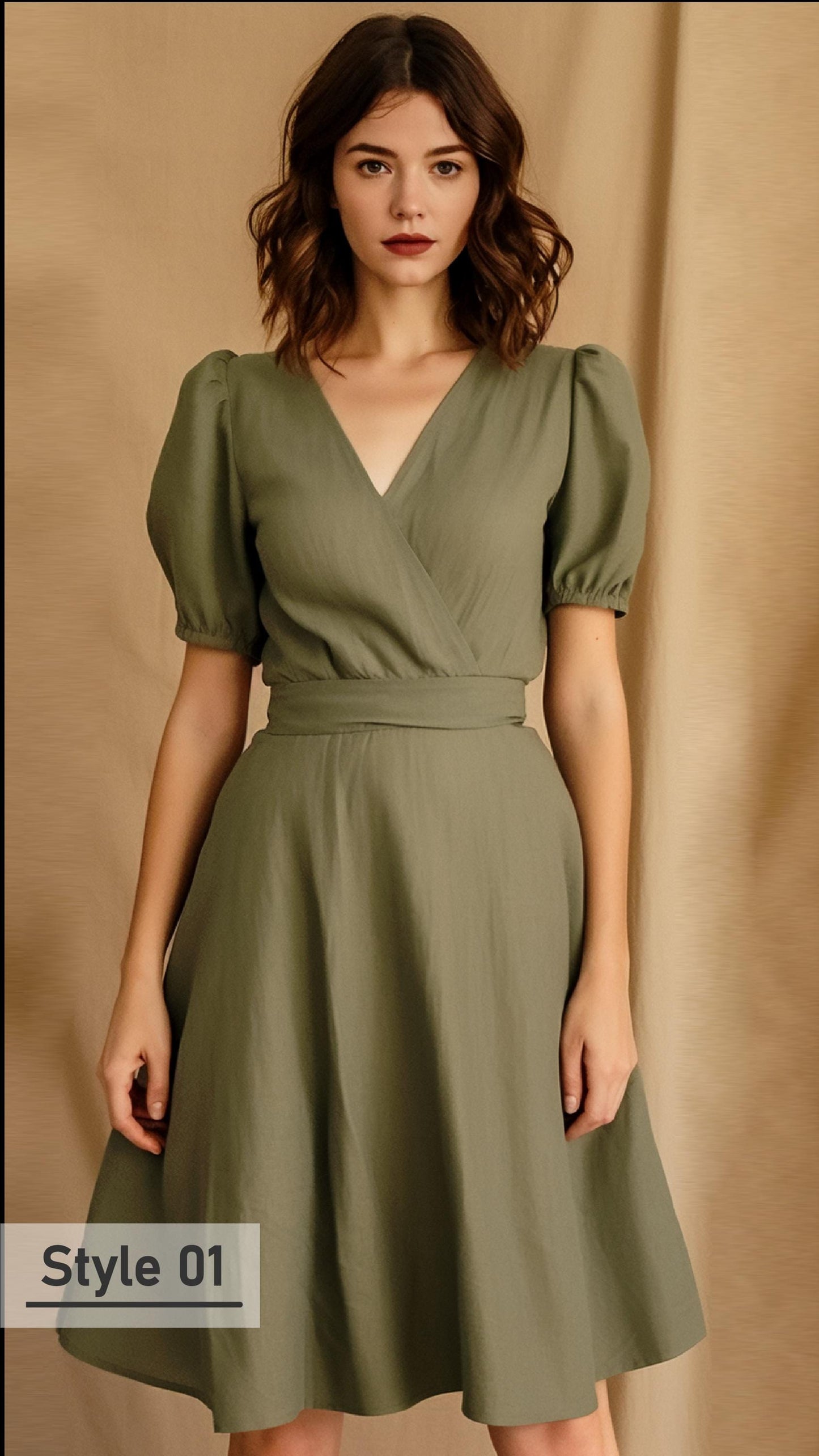 Olive Green Linen Dress with Puffed Sleeves & Waist Belt  - Women's Fashion | Customizable | 241016.U5